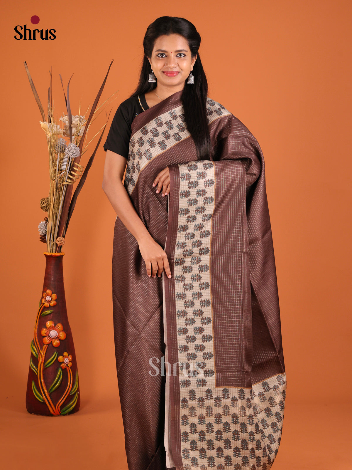 Brown & Cream - Semi Tussar Saree