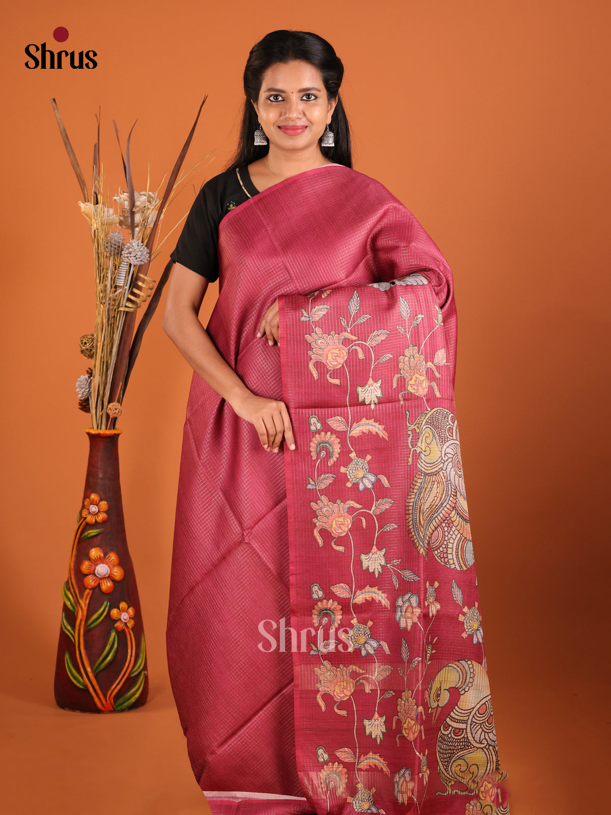 Maroon - Semi Tussar Saree - Shop on Shrus.com