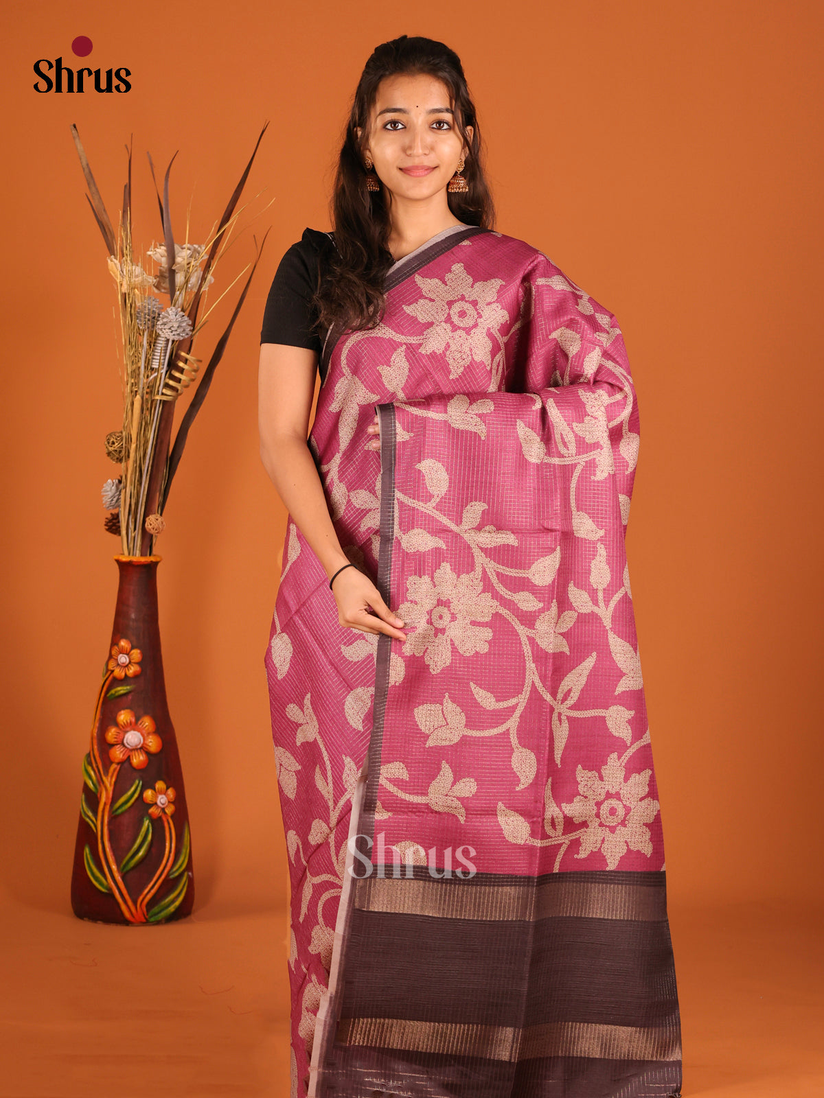 Pink & Brown - Semi Tussar Saree - Shop on Shrus.com