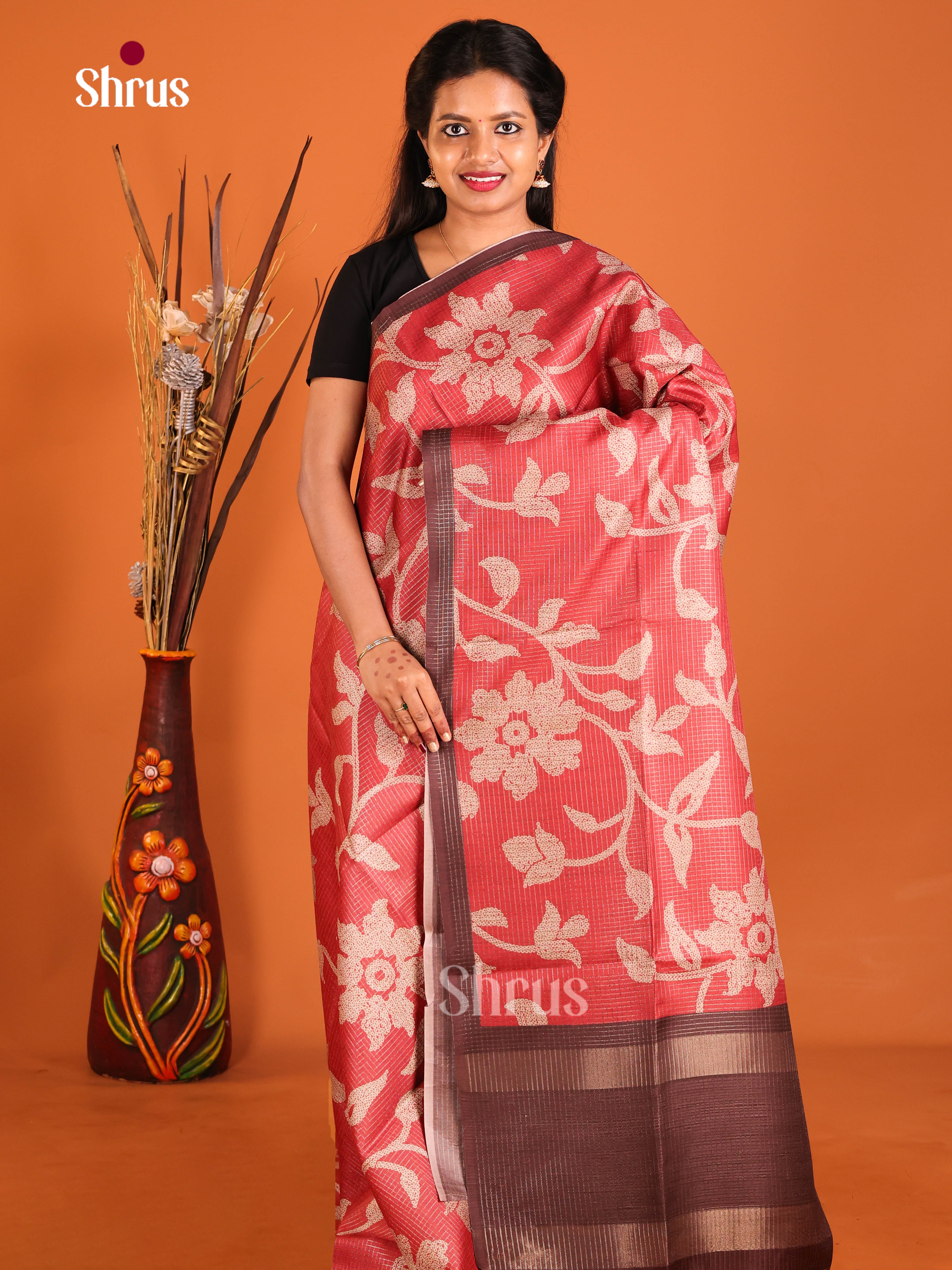 Red & Brown - Semi Tussar Saree - Shop on Shrus.com