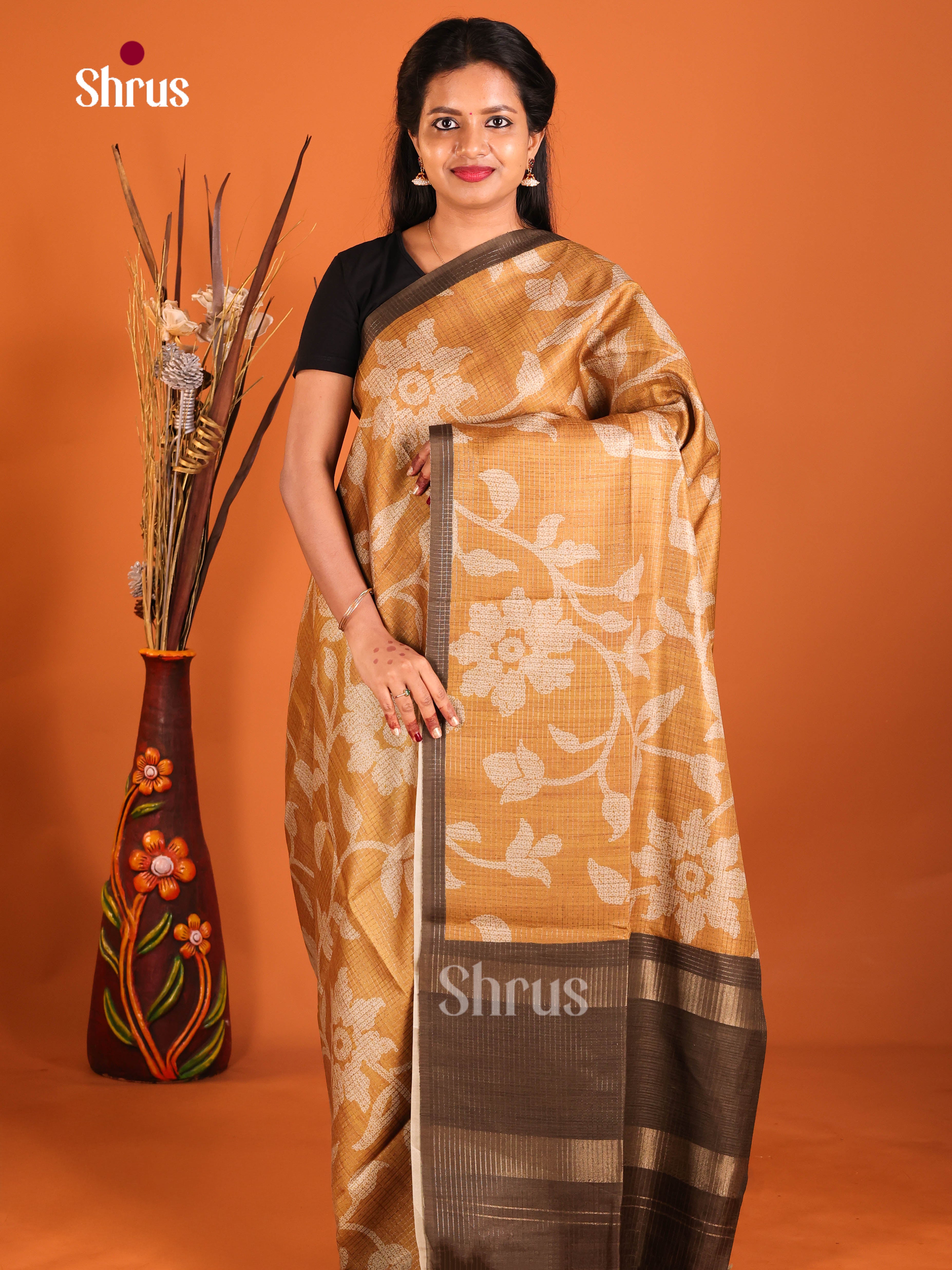 Mustard & Brown - Semi Tussar Saree - Shop on Shrus.com