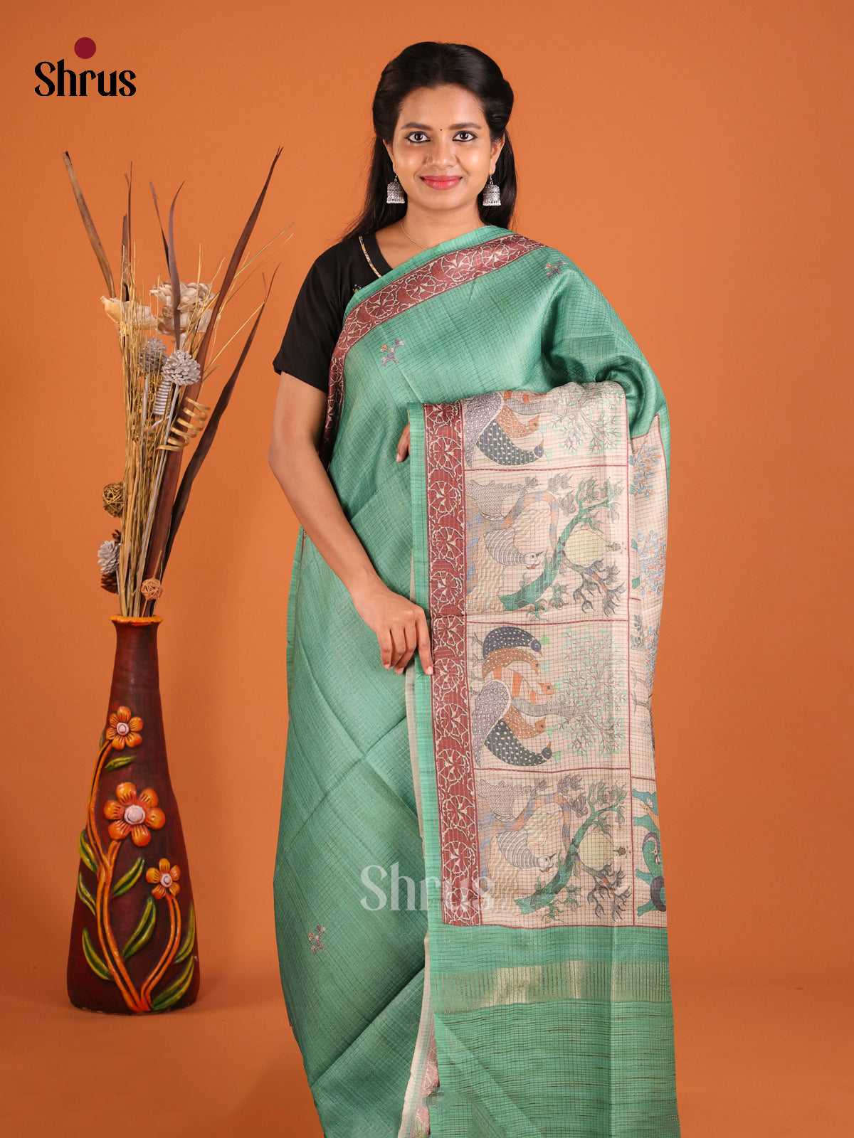 Green & Cream - Semi Tussar Saree