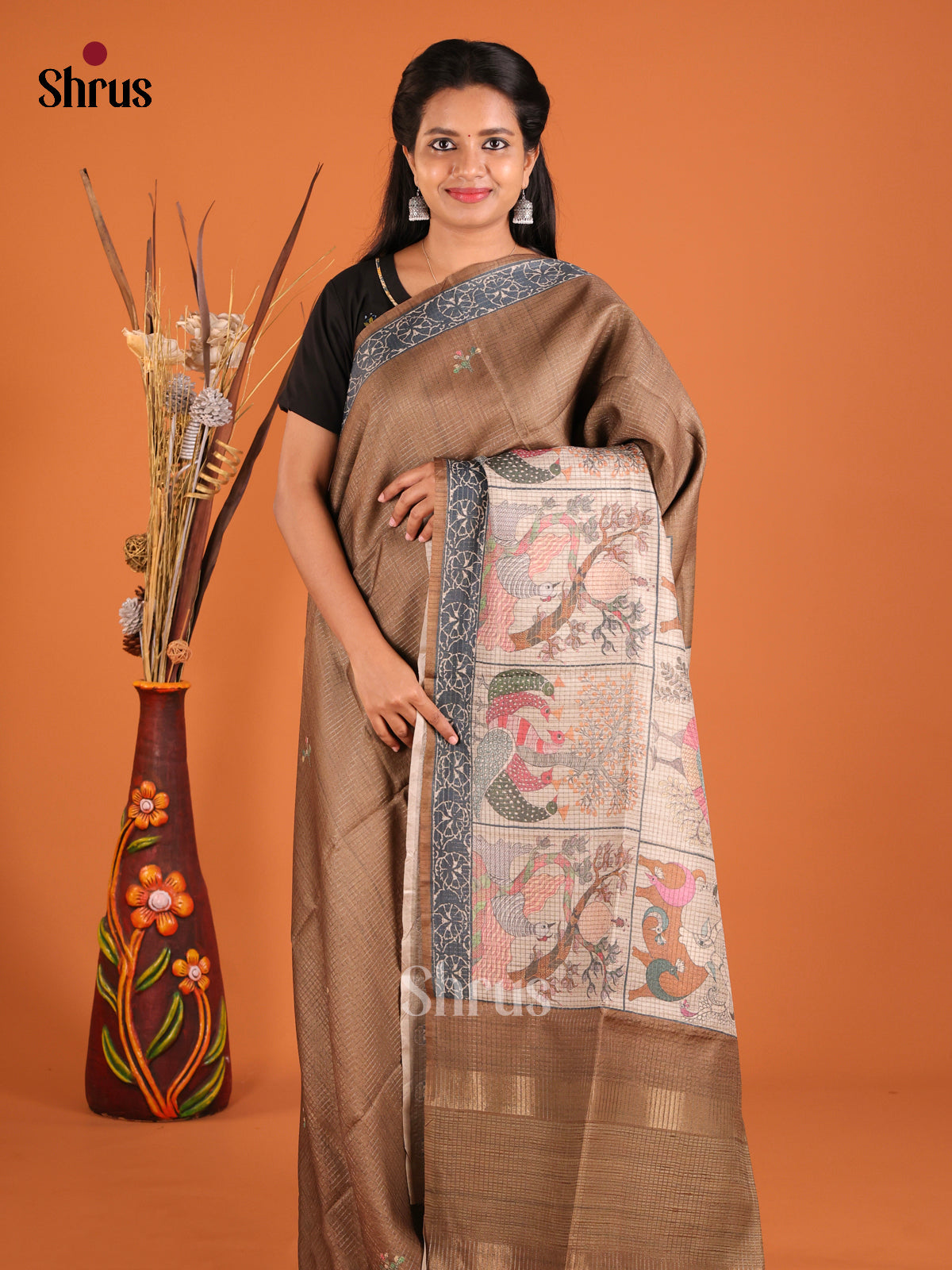 Brown & Cream  - Semi Tussar Saree