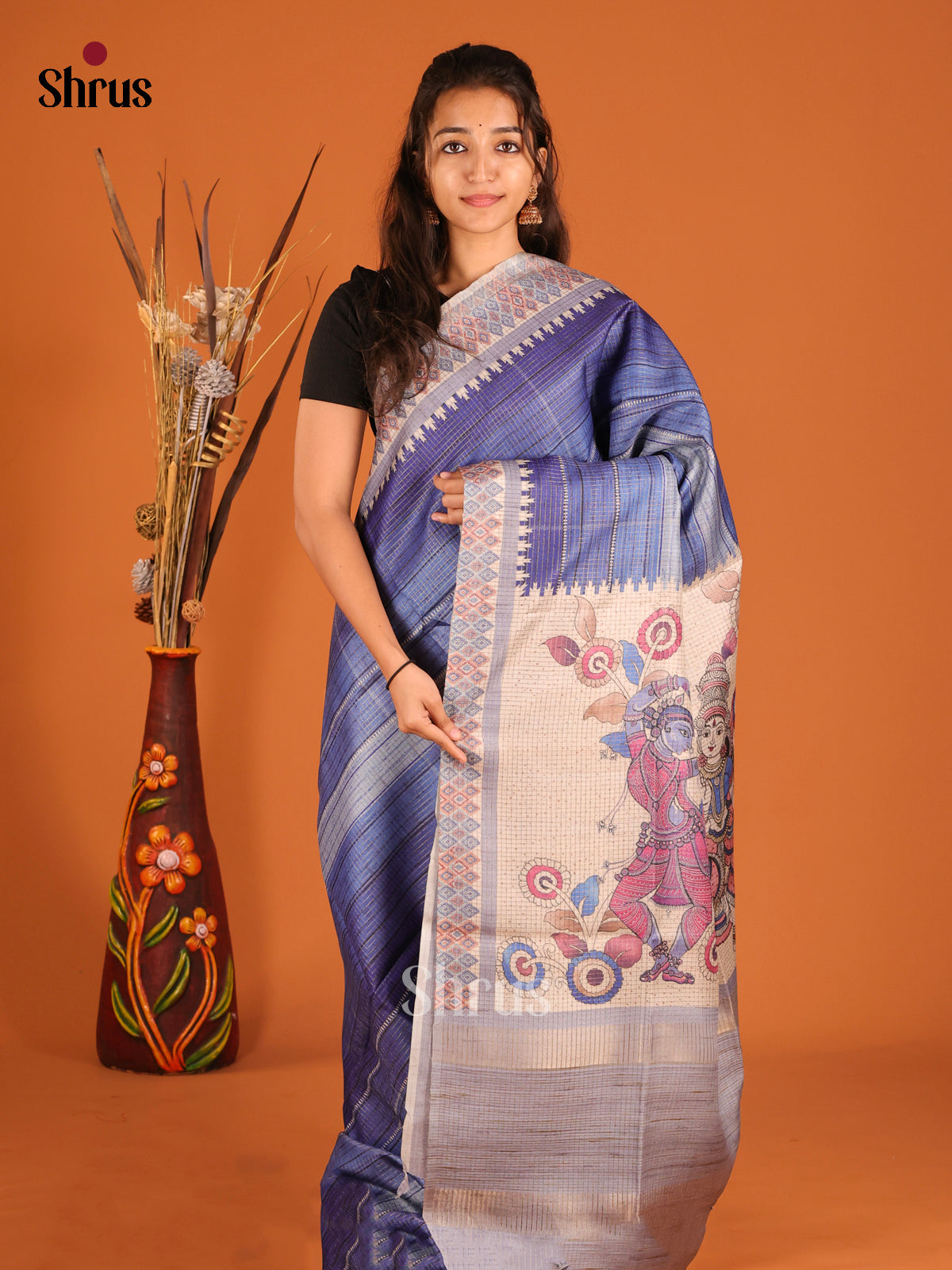 Blue & Cream- Semi Tussar Saree