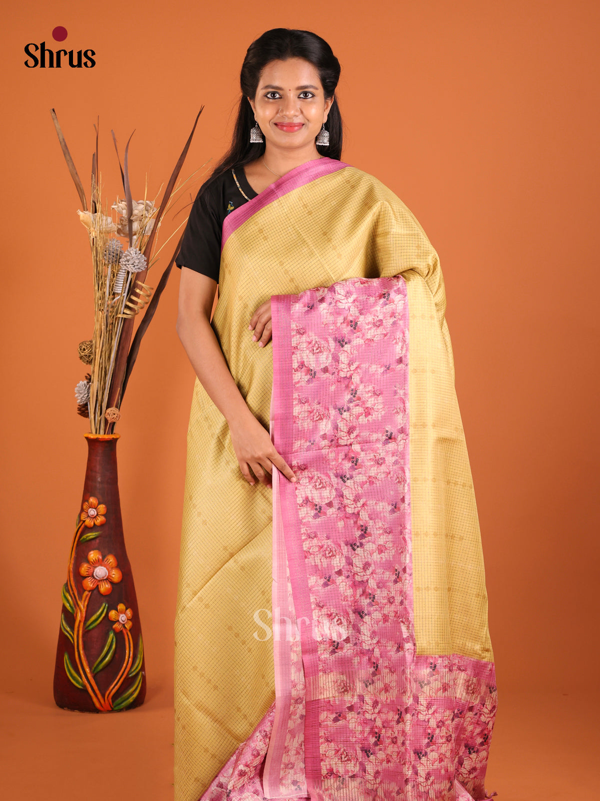 Yellow & Pink - Semi Tussar Saree