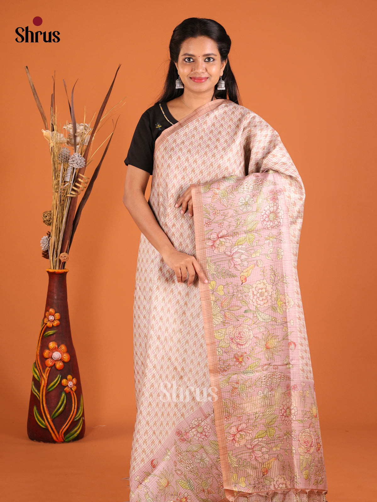 Cream & Lavender - Semi Tussar Saree