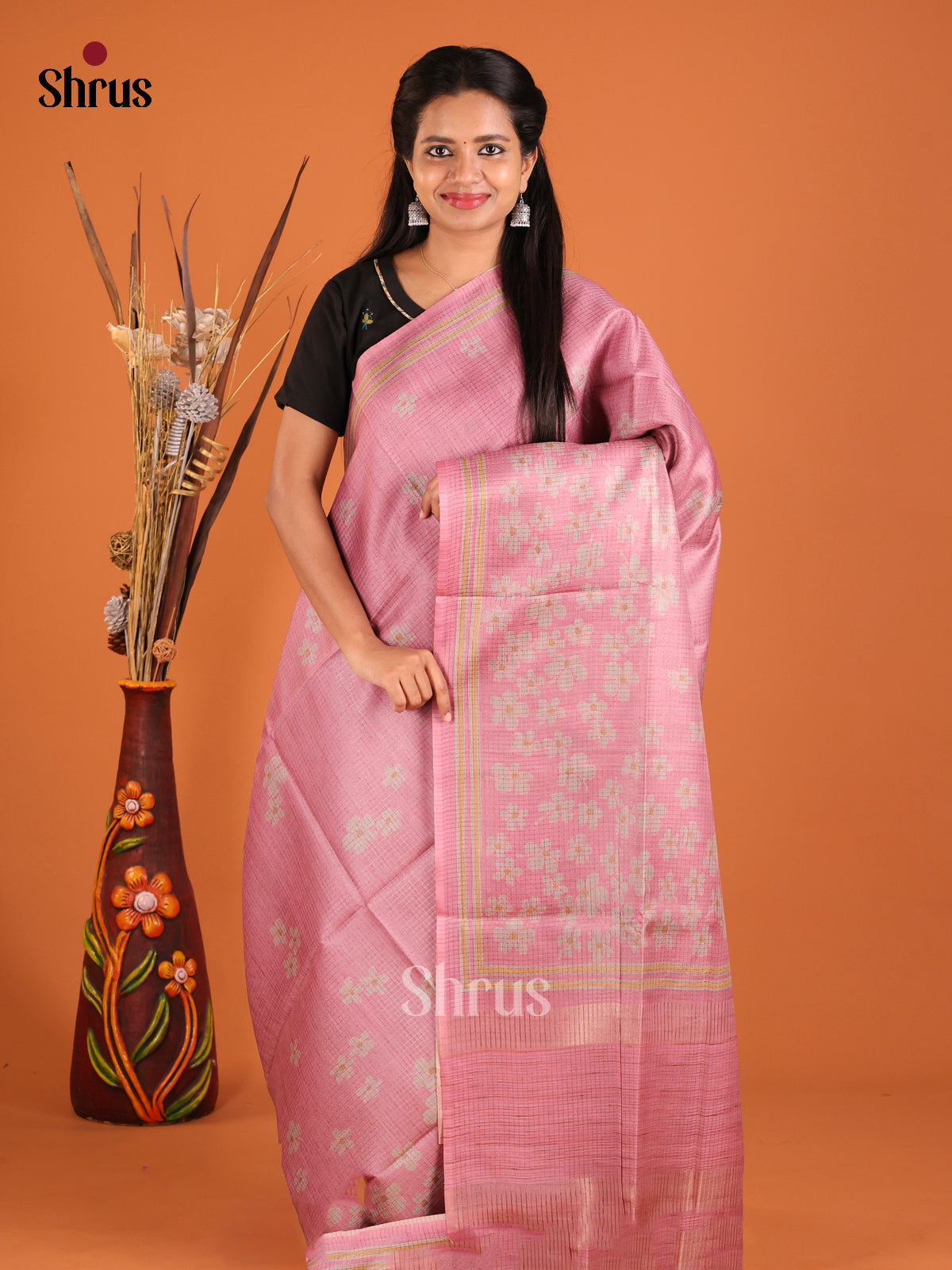Pink - Semi Tussar Saree - Shop on Shrus.com