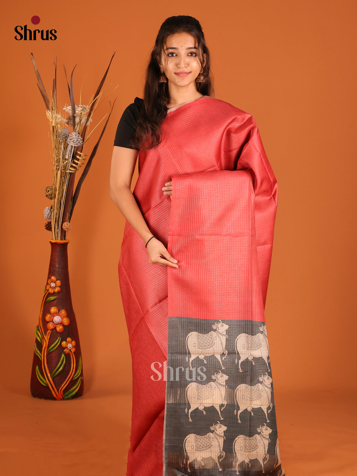 Red & Grey - Semi Tussar Saree - Shop on Shrus.com