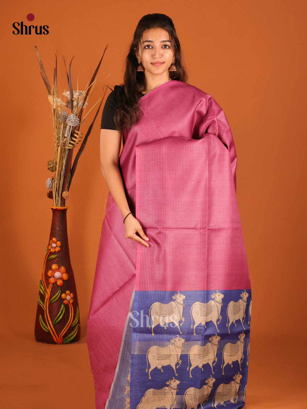 Pink & Blue - Semi Tussar Saree - Shop on Shrus.com
