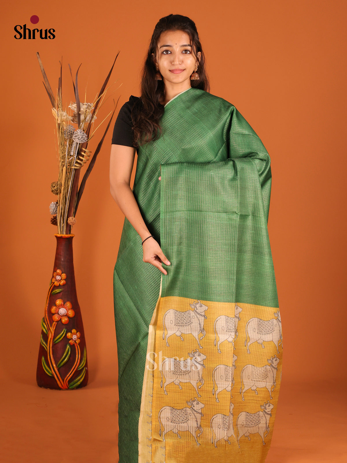 Green & Yellow - Semi Tussar Saree - Shop on Shrus.com