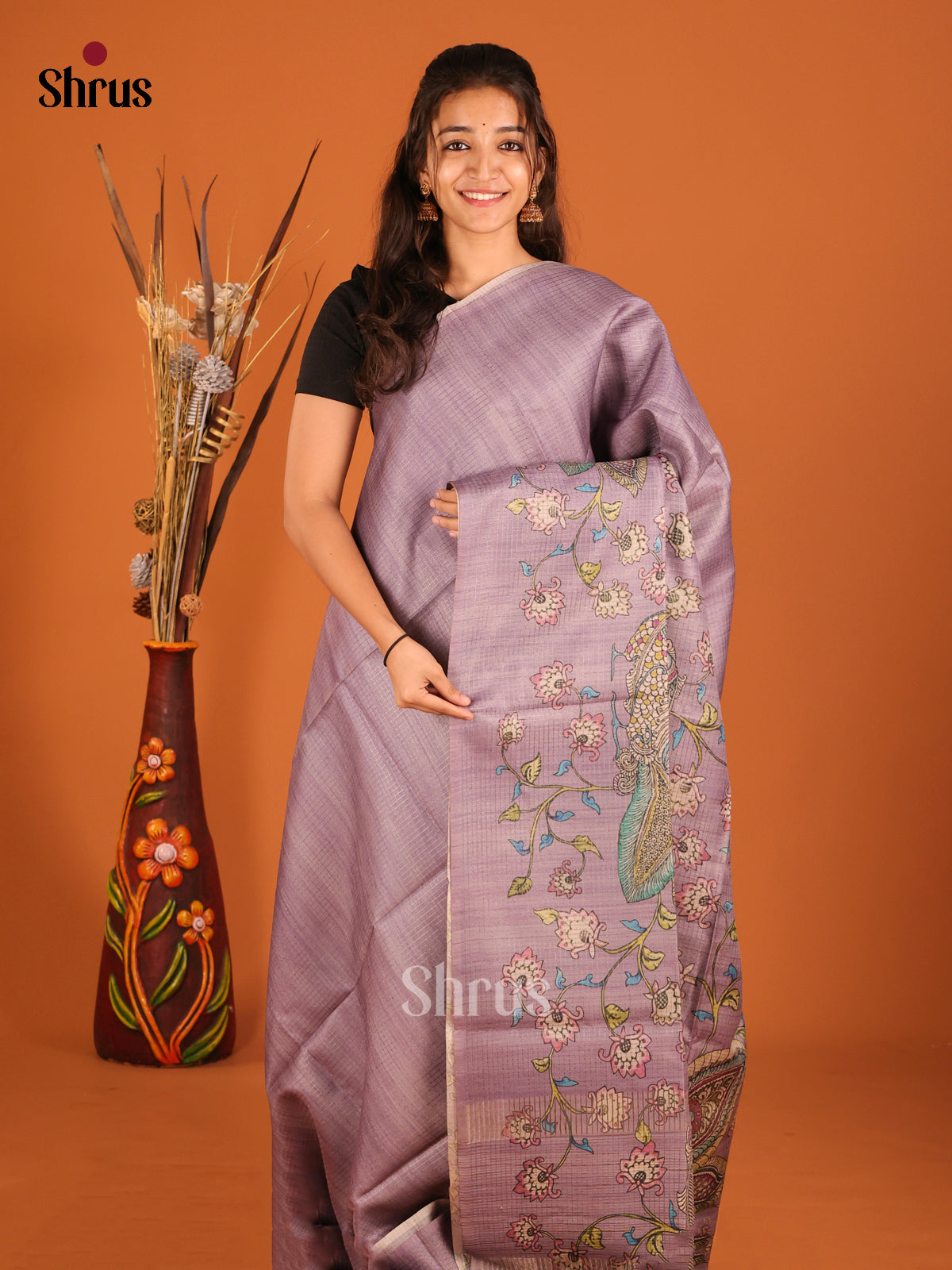 Dark Lavender - Semi Tussar Saree - Shop on Shrus.com