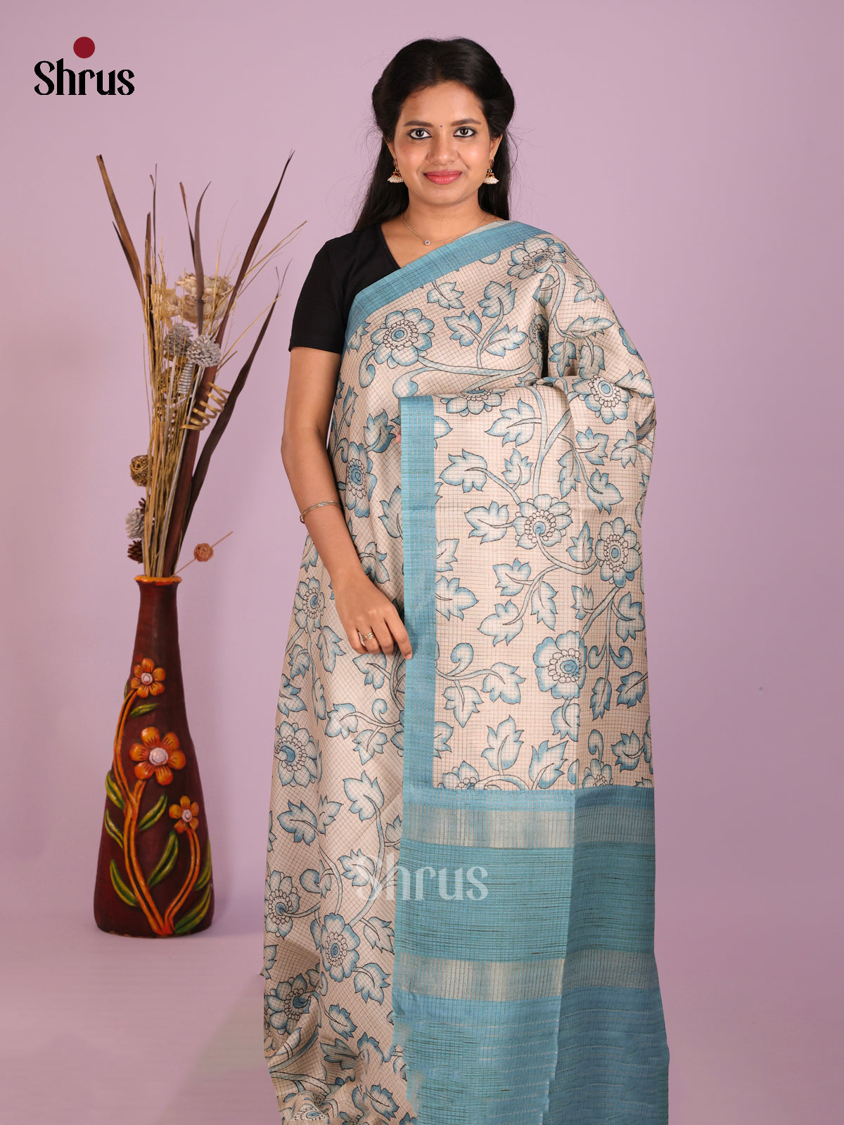 Cream & Blue - Semi Tussar Saree