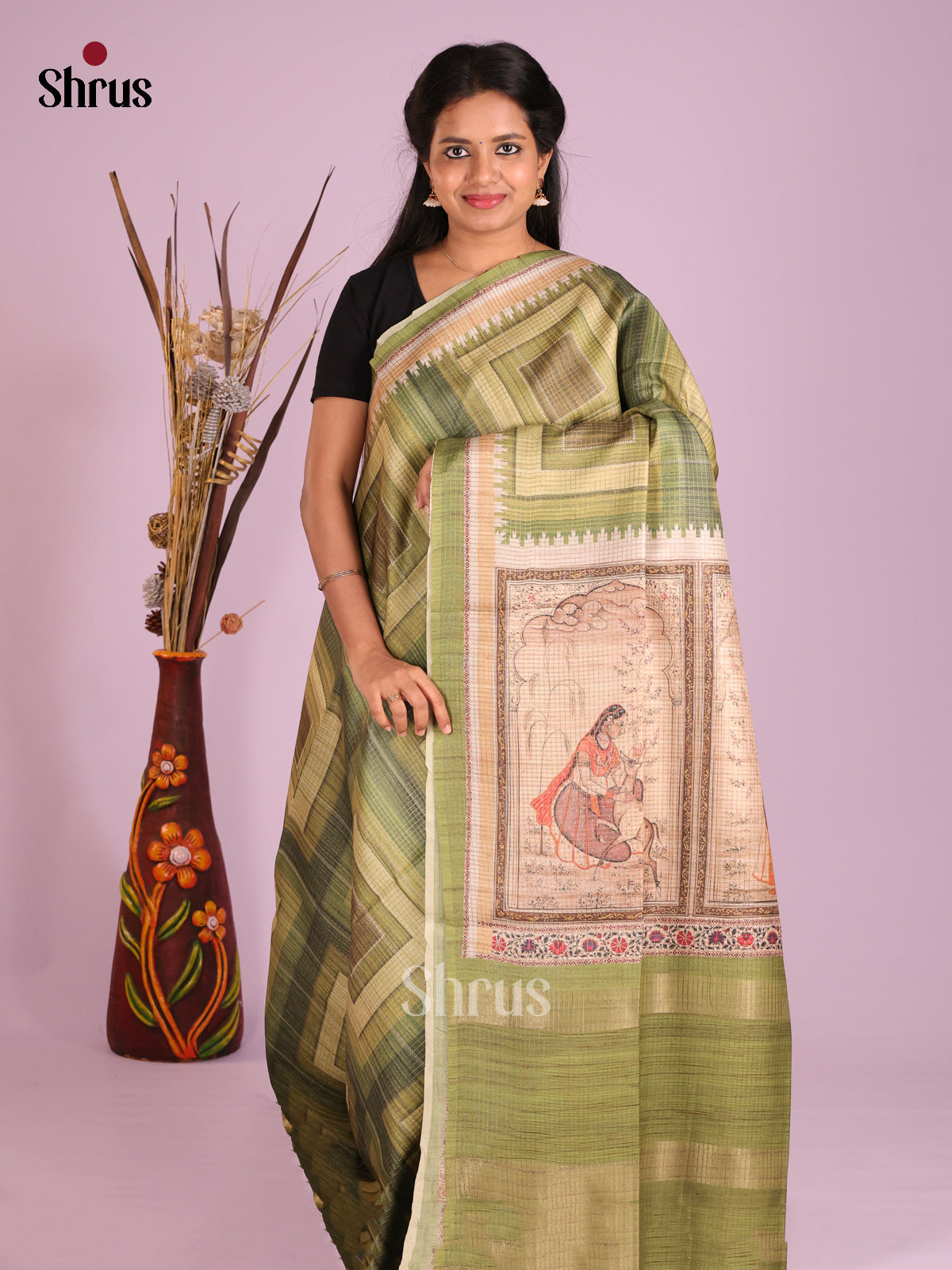 Green & Cream - Semi Tussar Saree