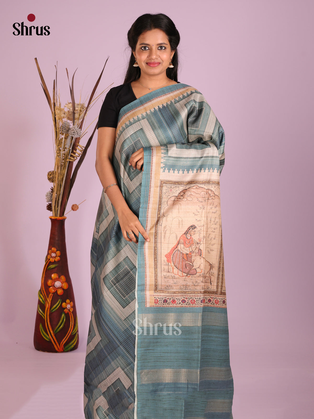 Blue & Cream - Semi Tussar Saree