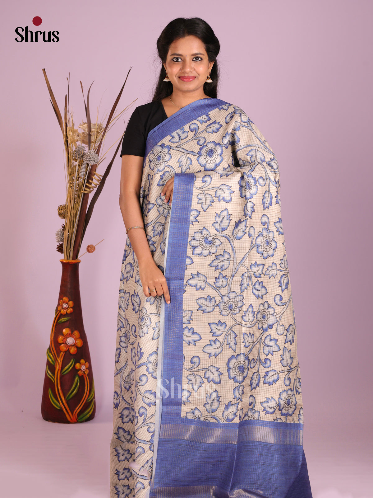 Cream & Blue - Semi Tussar Saree