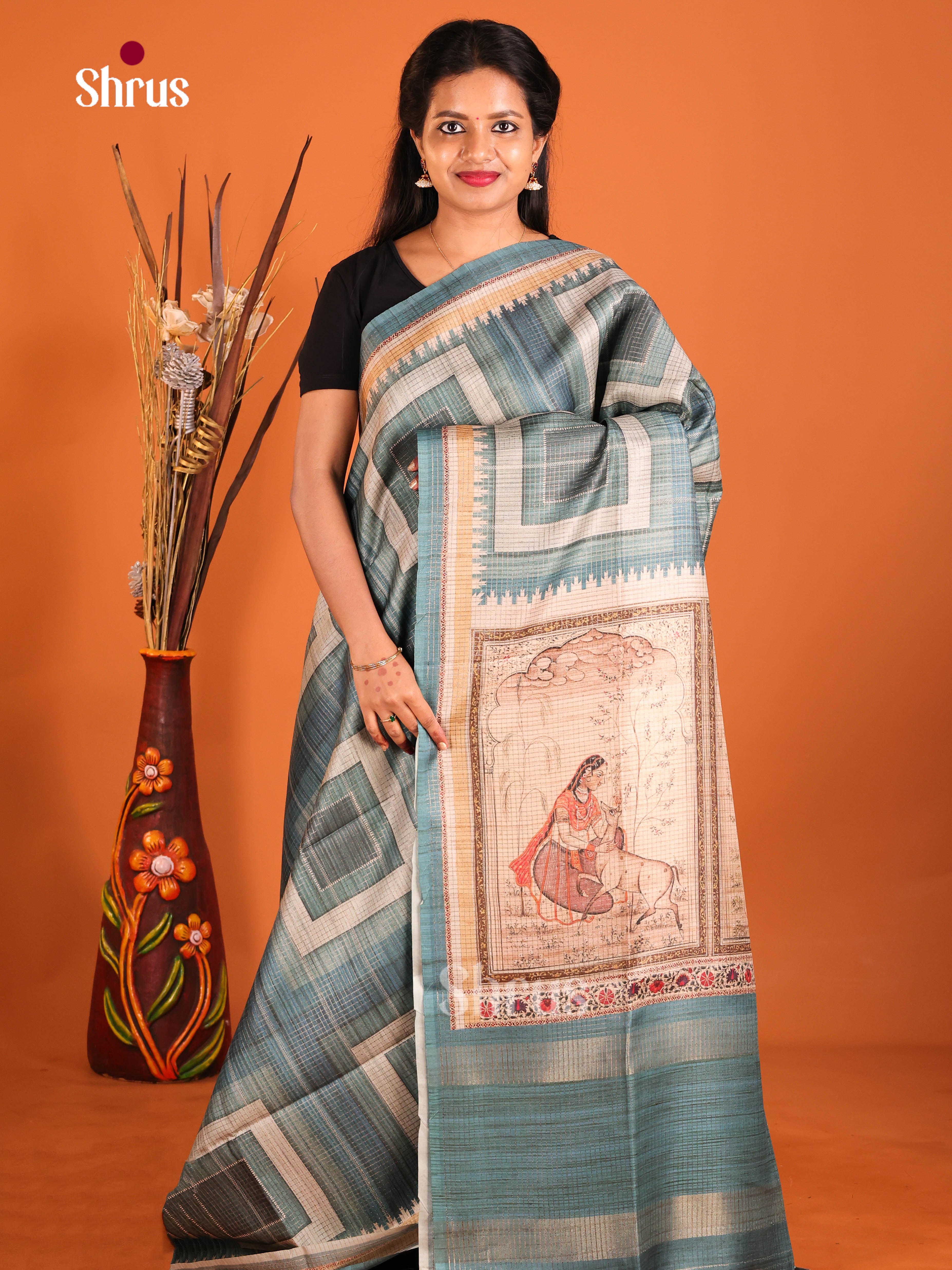 Green & Beige- Semi Tussar Saree - Shop on Shrus.com