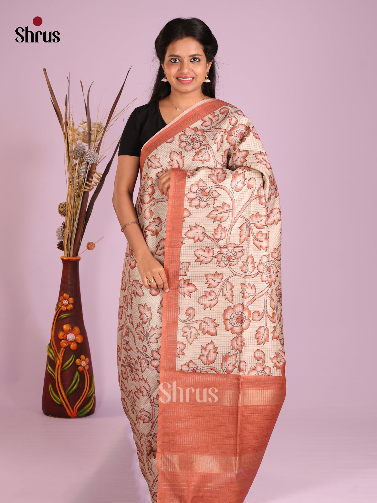Cream & Orange - Semi Tussar Saree