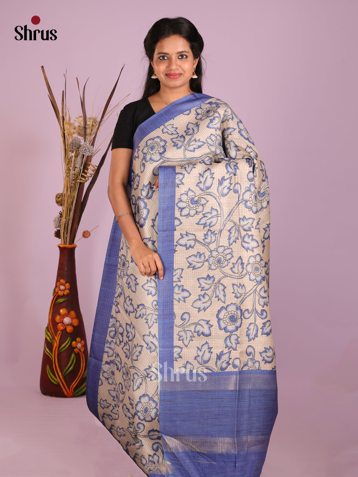 Cream & Blue - Semi Tussar Saree