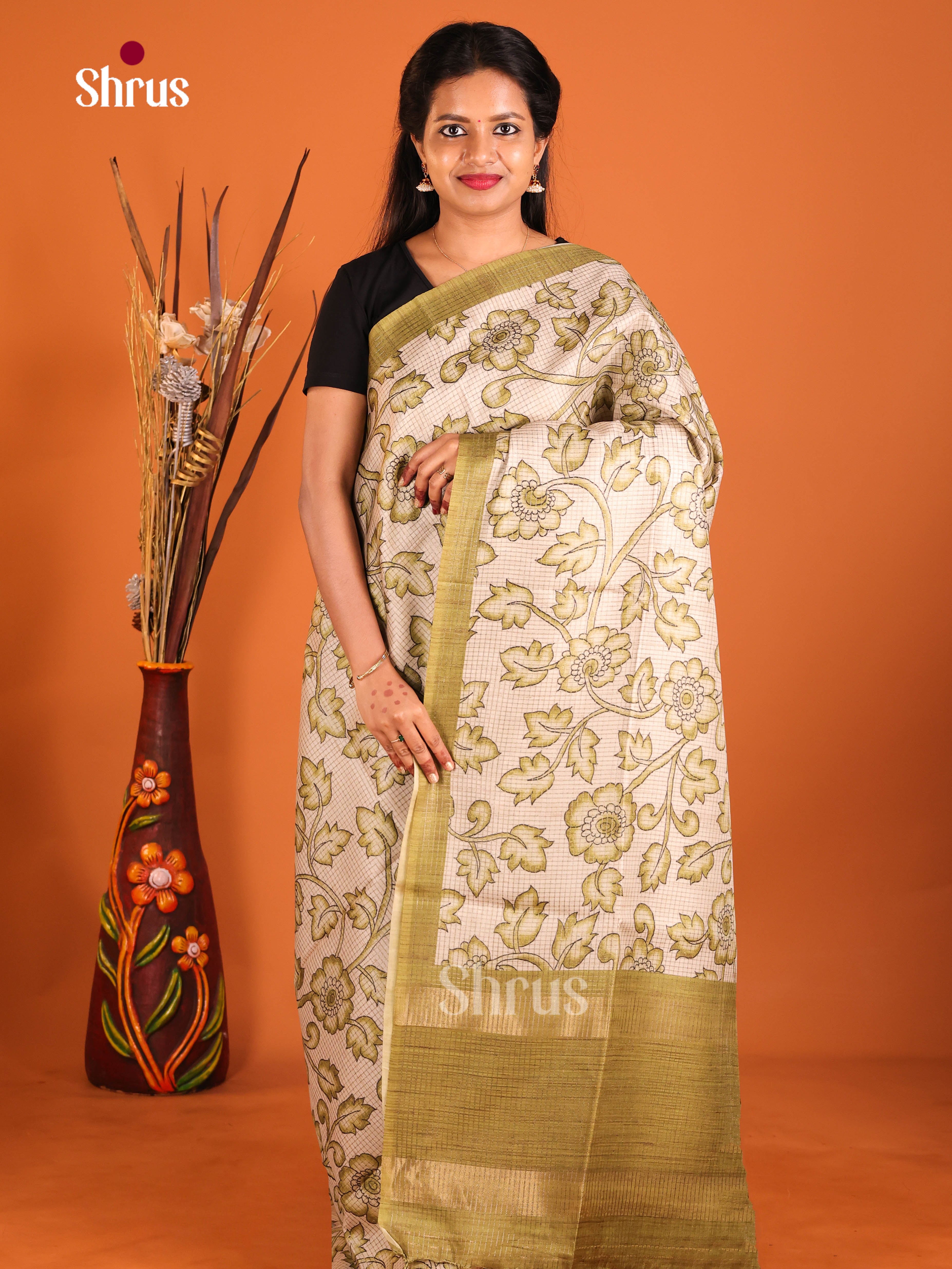 Cream & Green - Semi Tussar Saree