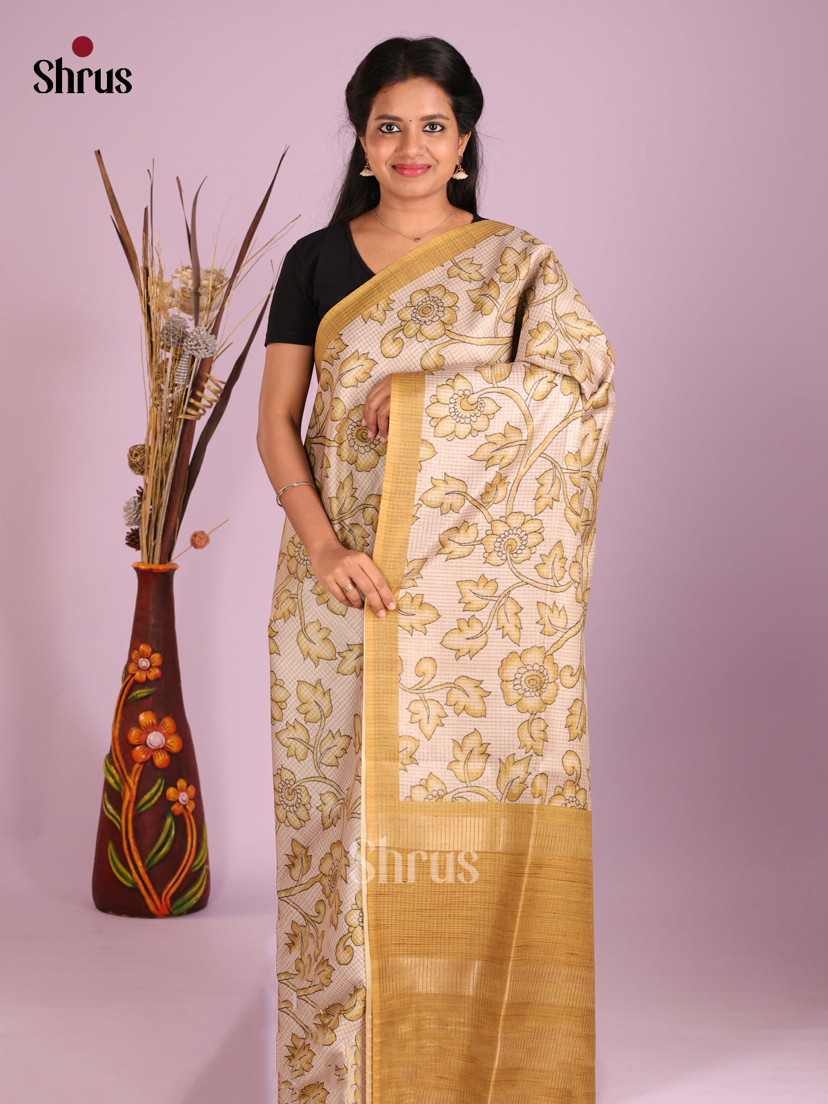 Cream & Yellow  - Semi Tussar Saree