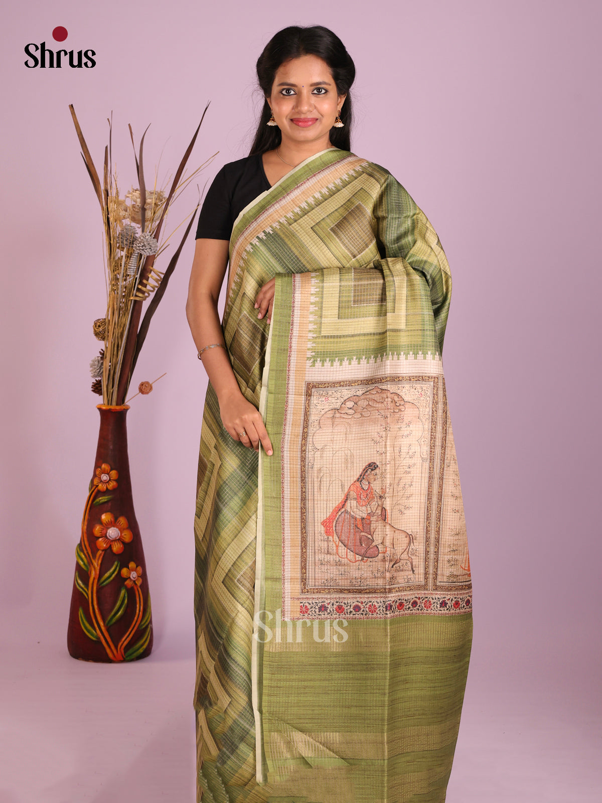 Green & Cream - Semi Tussar Saree