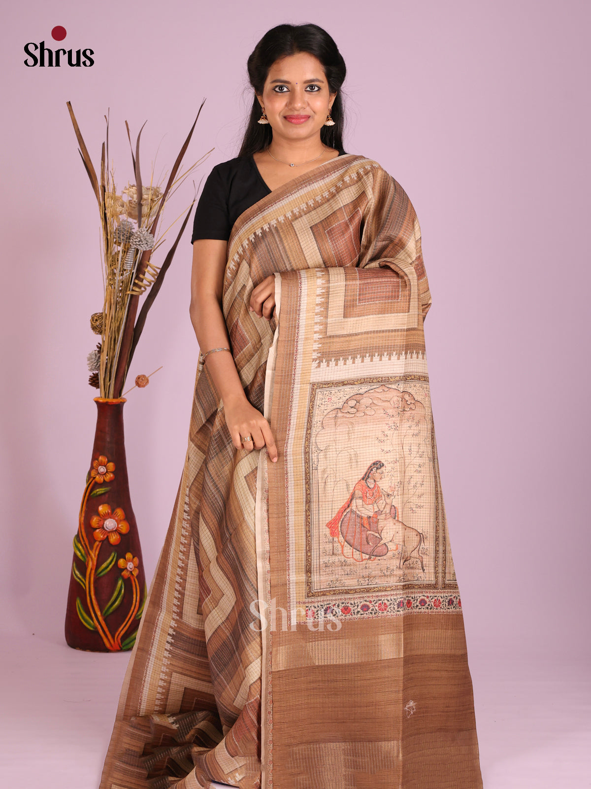 Brown & Cream- Semi Tussar Saree