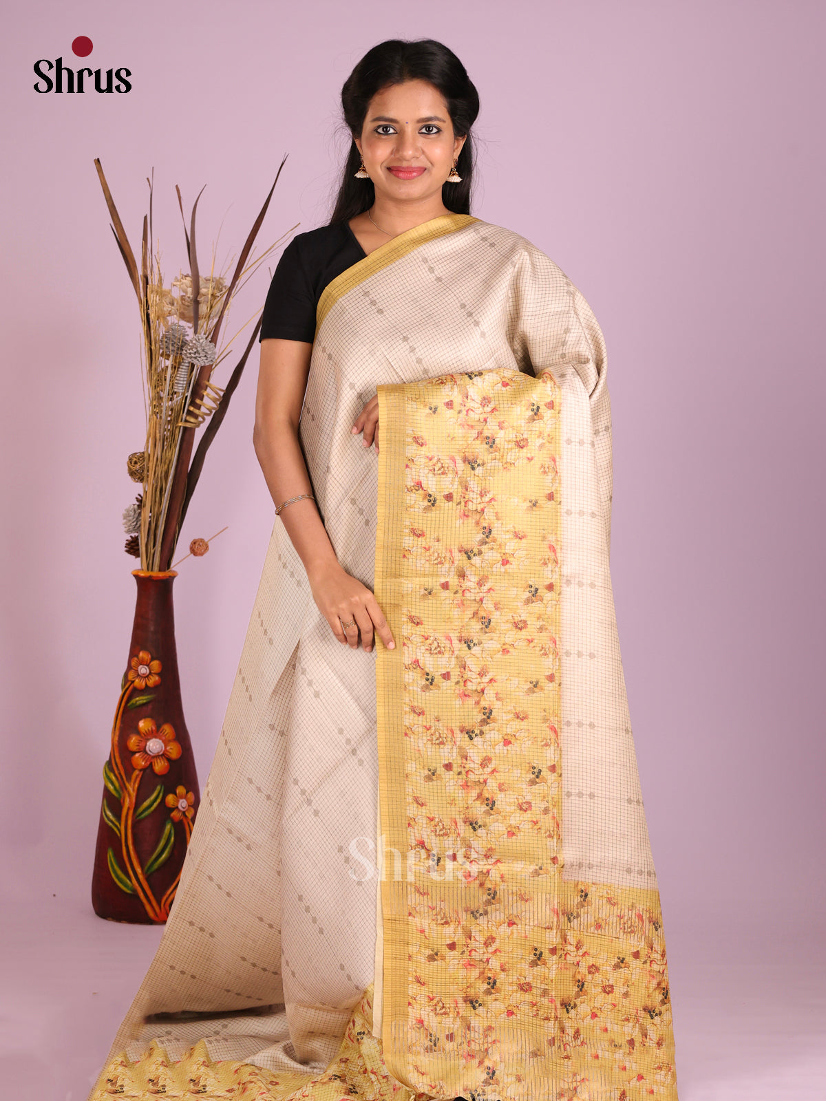 Cream  & Yellow - Semi Tussar Saree