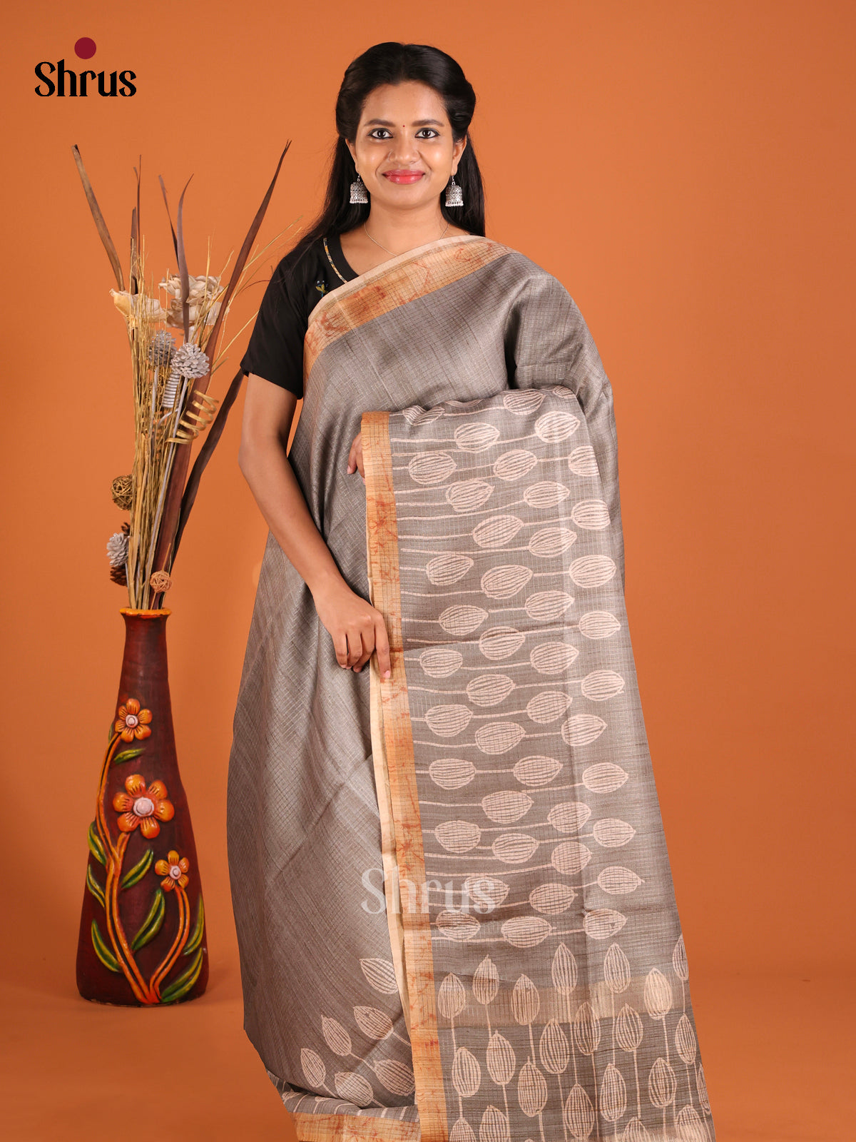Grey & Brown - Semi Tussar Saree
