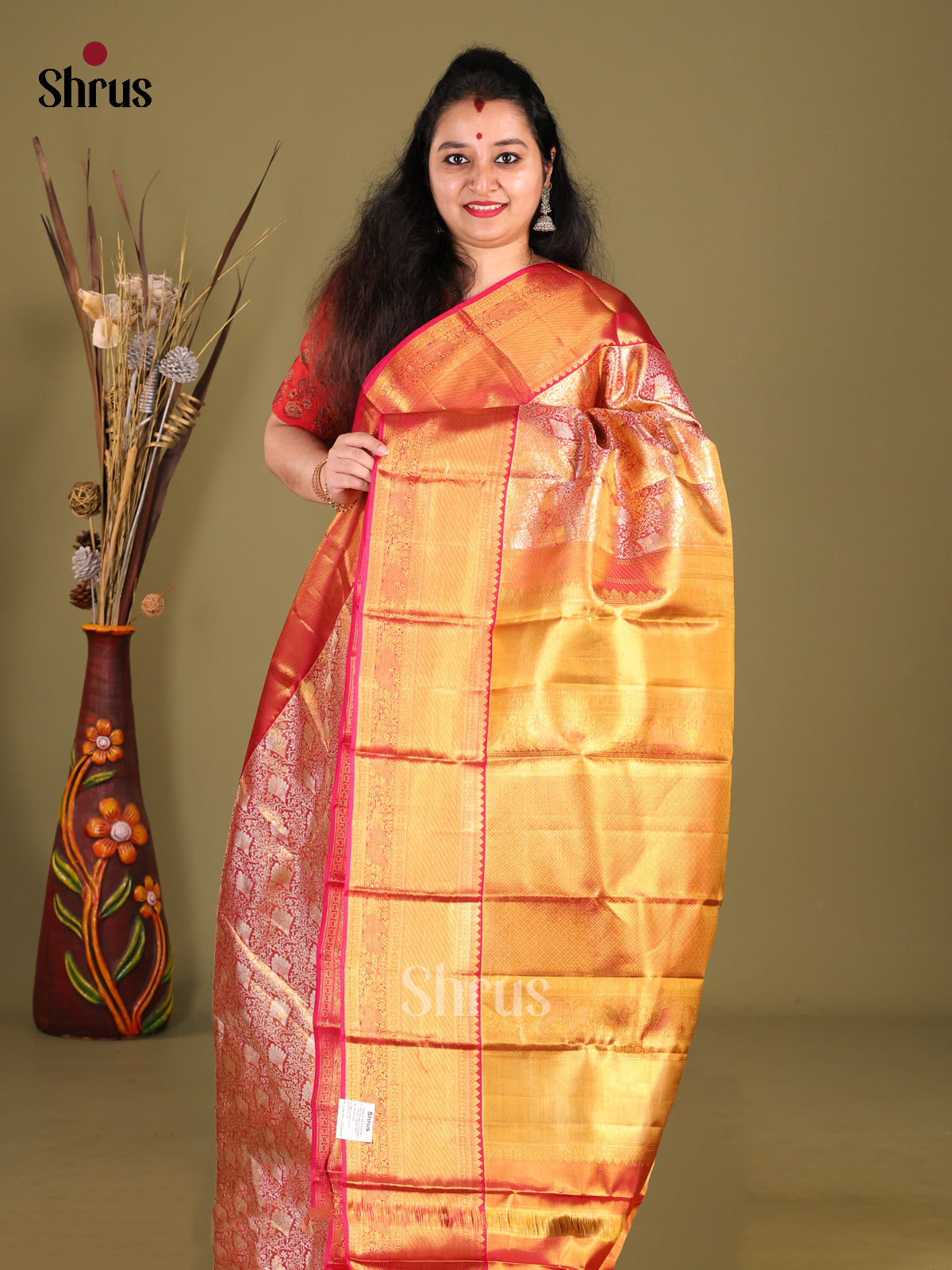 Pretty Pink Kanjivaram silk Saree with Rich Golden brocade & Red Zari Border