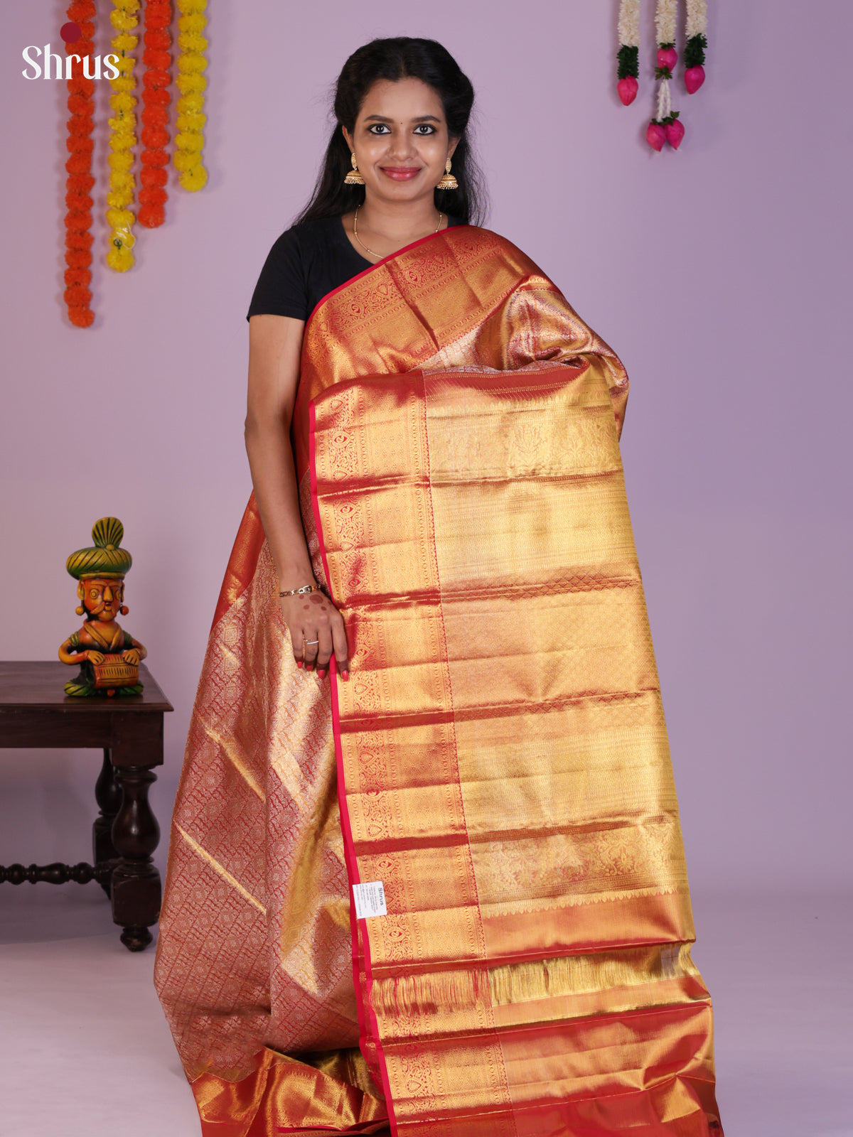 Dazzling Red Kanjivaram Saree with rich traditional zari border - Shop on Shrus.com