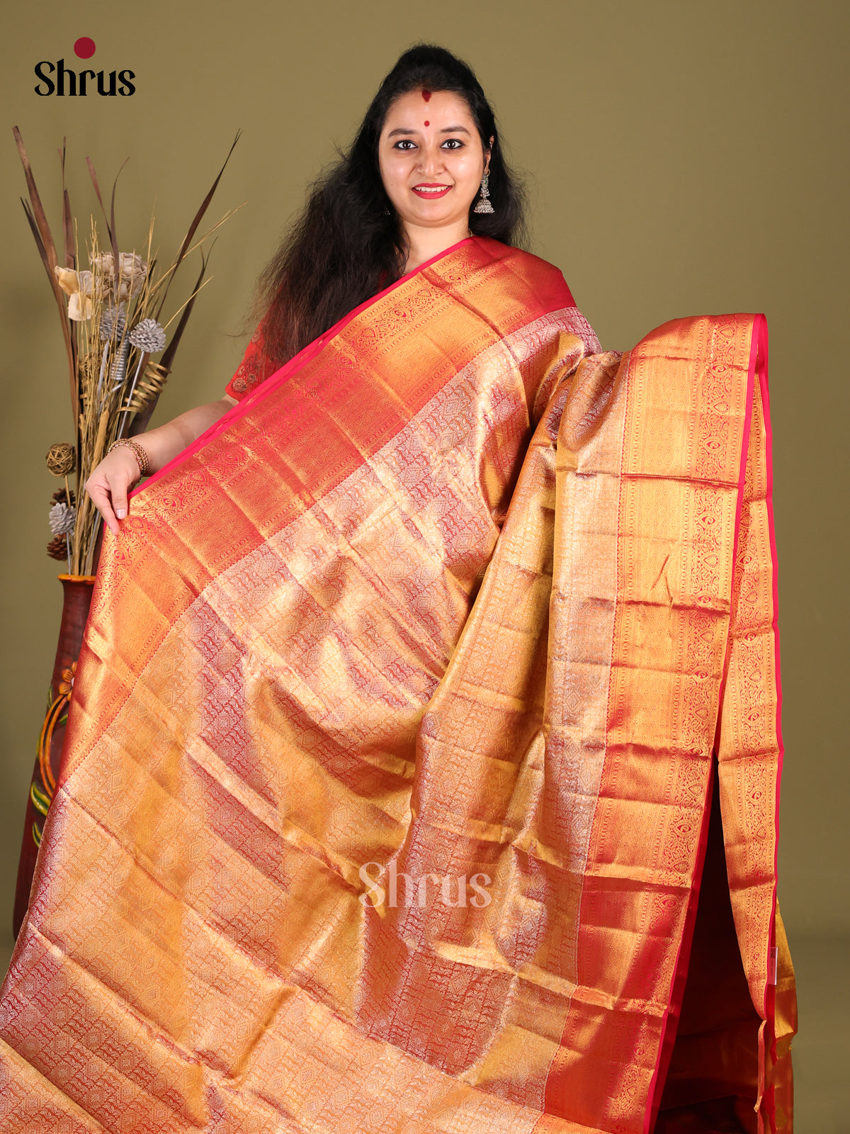 Dazzling Red Kanjivaram Saree with rich traditional zari border -1