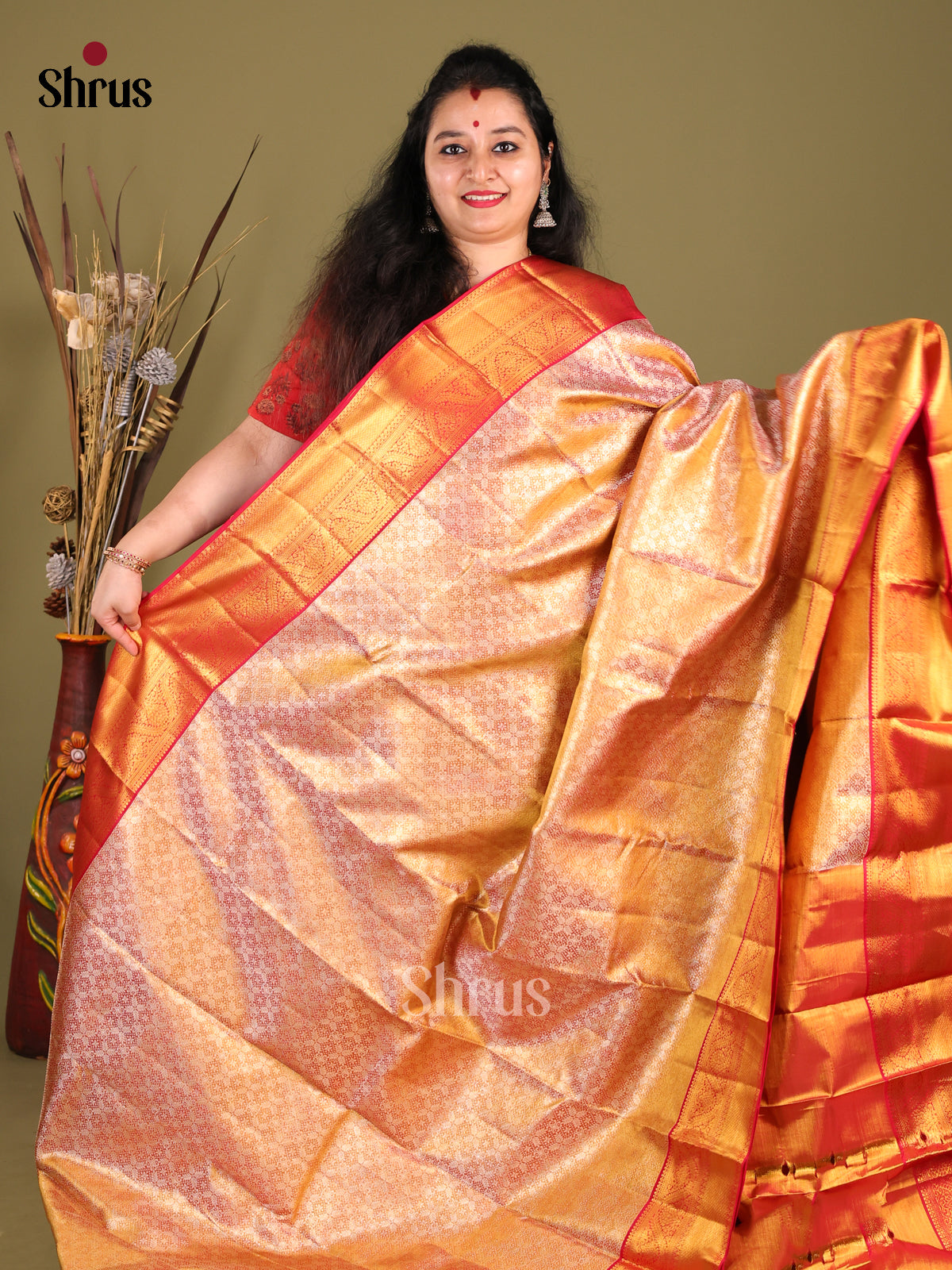 Stunning Orange Kanjivaram Saree with Red Border & Golden Zari Pallu -1