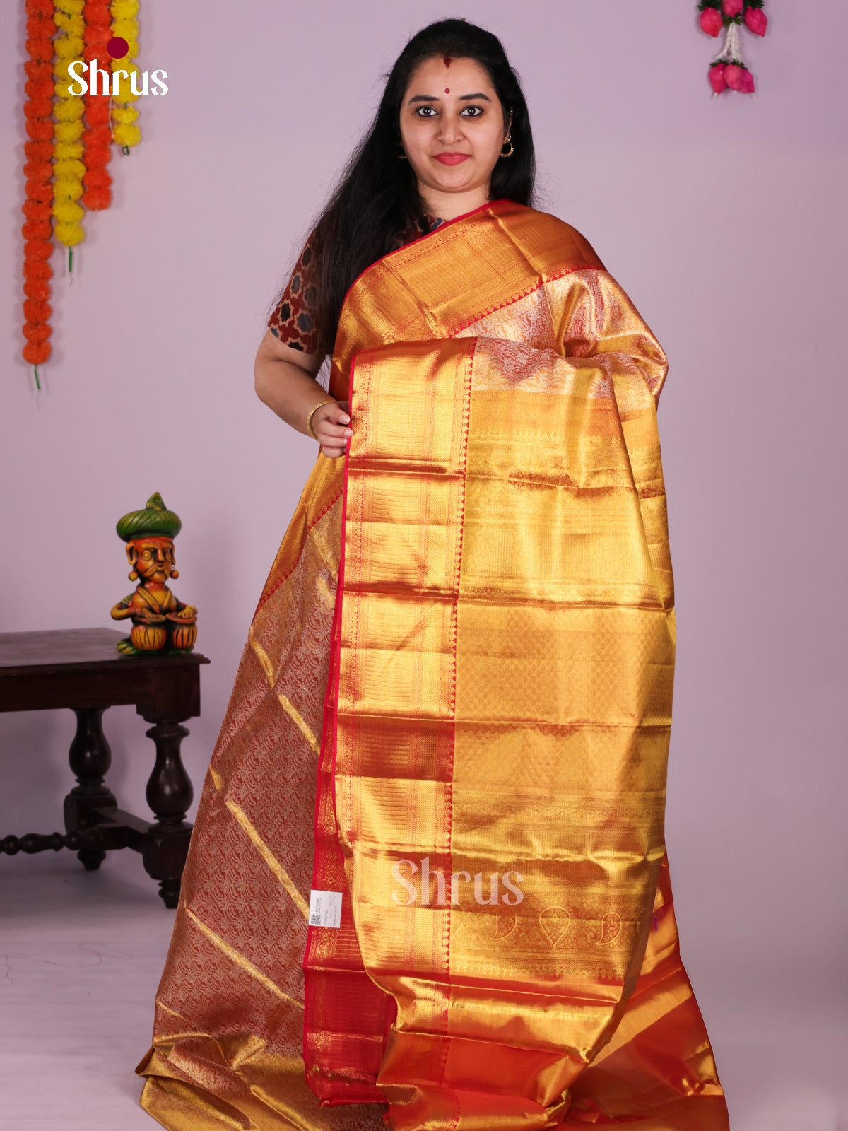 Vibrant Orange Kanjivaram Saree with Red Zari Border & A Grand Golden Pallu - Shop on Shrus.com