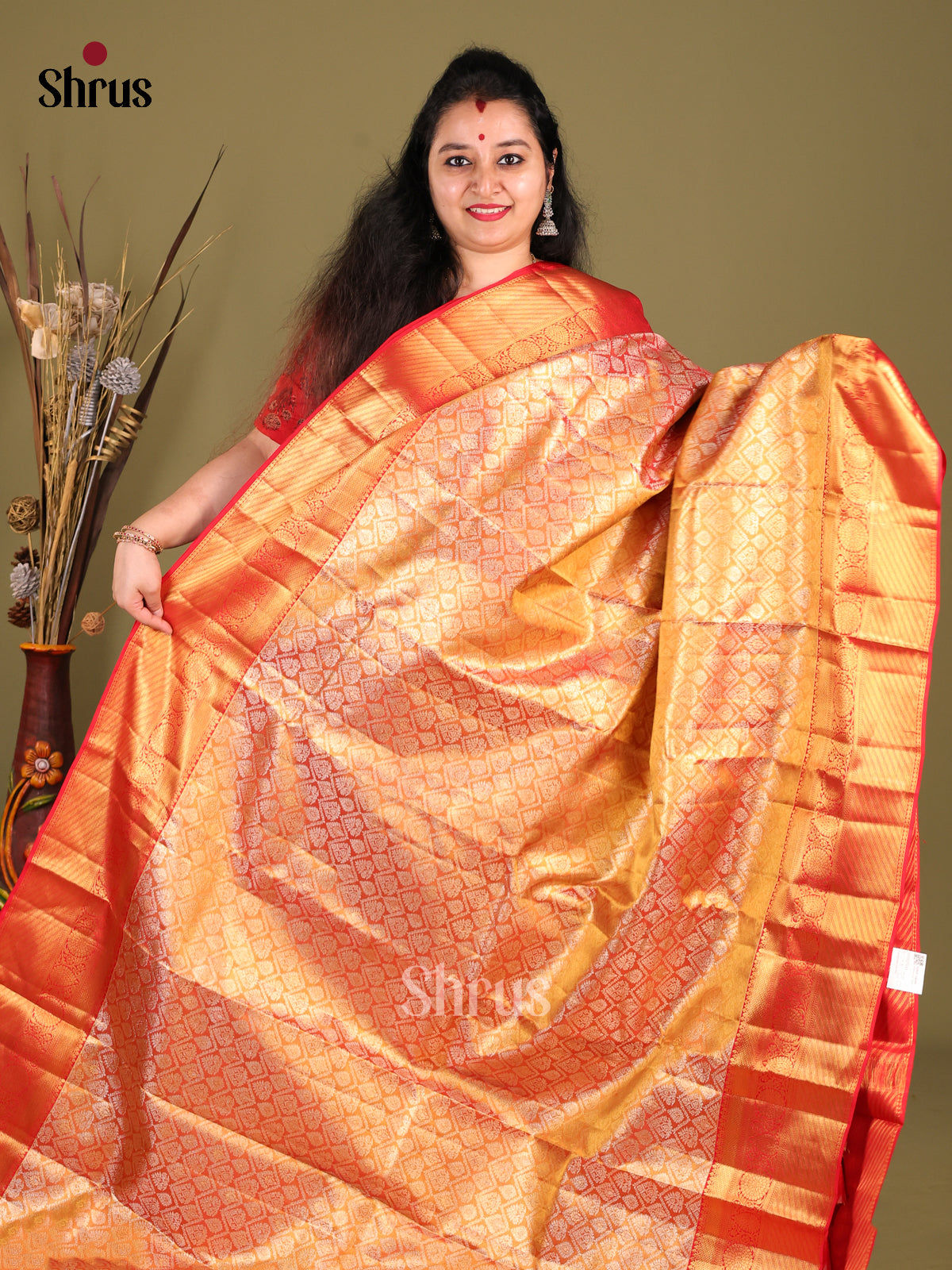 Glimmering Orange Kanchipuram silk Saree woven with rich Zari Brocade & self zari border -1