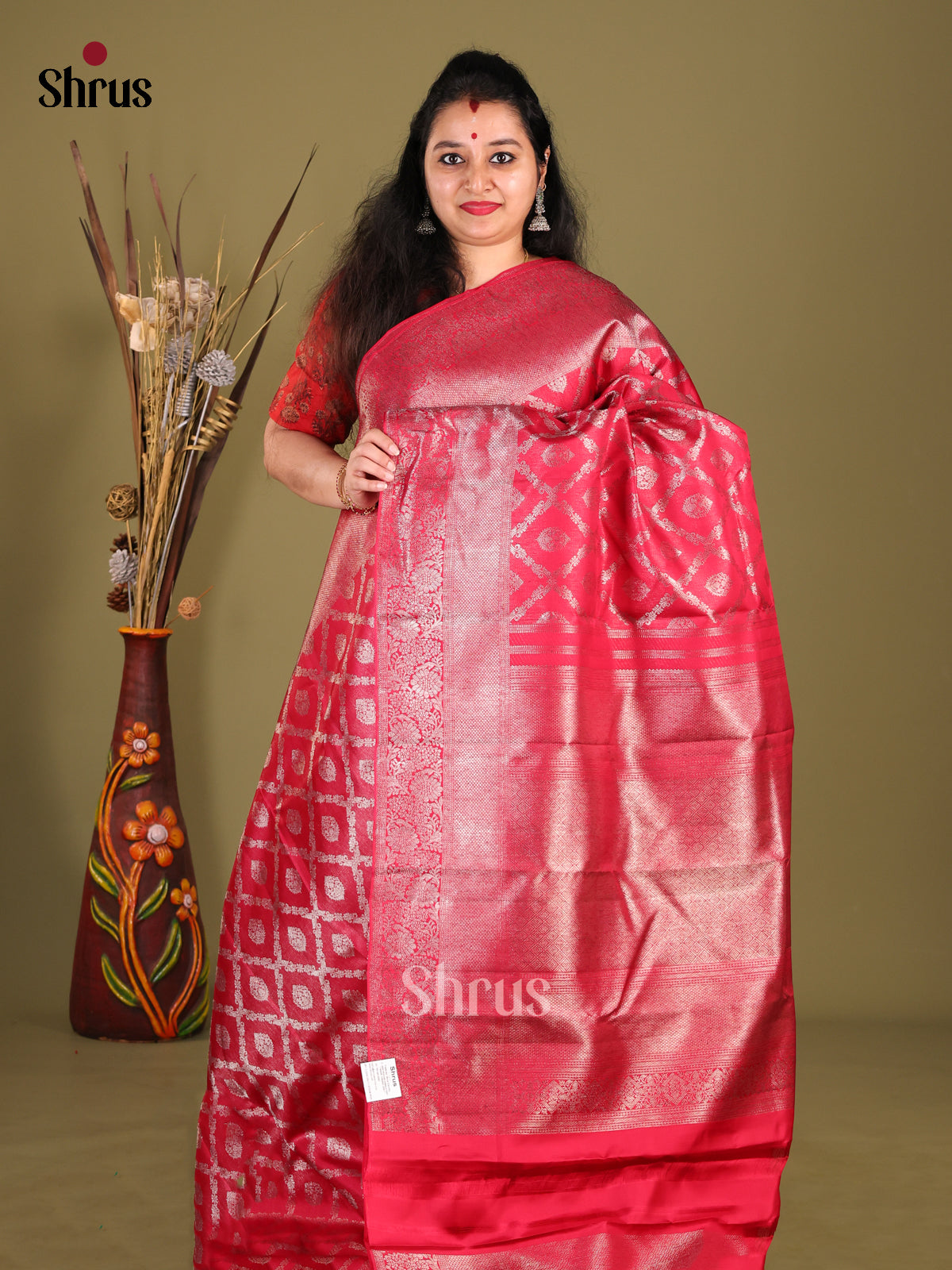 Timeless Red Kanjivaram silk Saree with Silver Zari Work & rich zari Brocade border