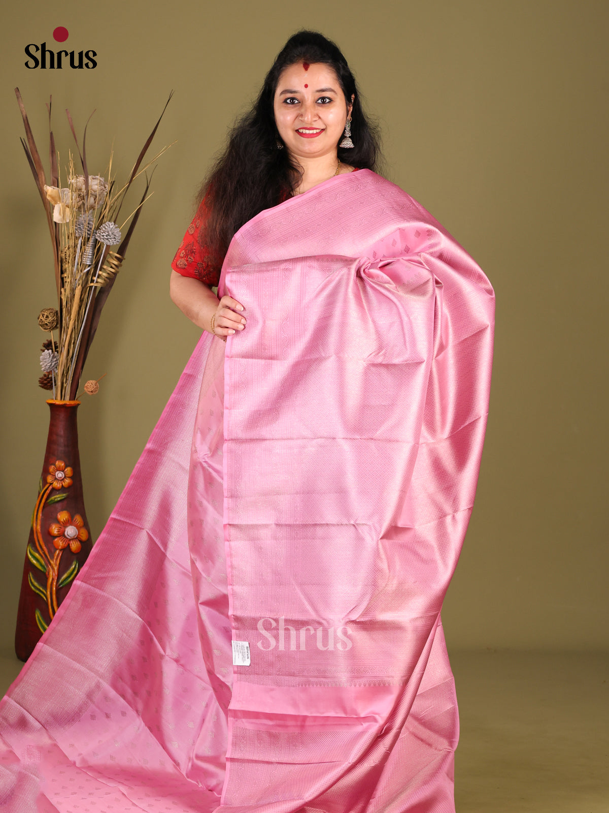 Pink single Tone Kanchipuram silk  Saree with zari brocade - Shop on Shrus.com