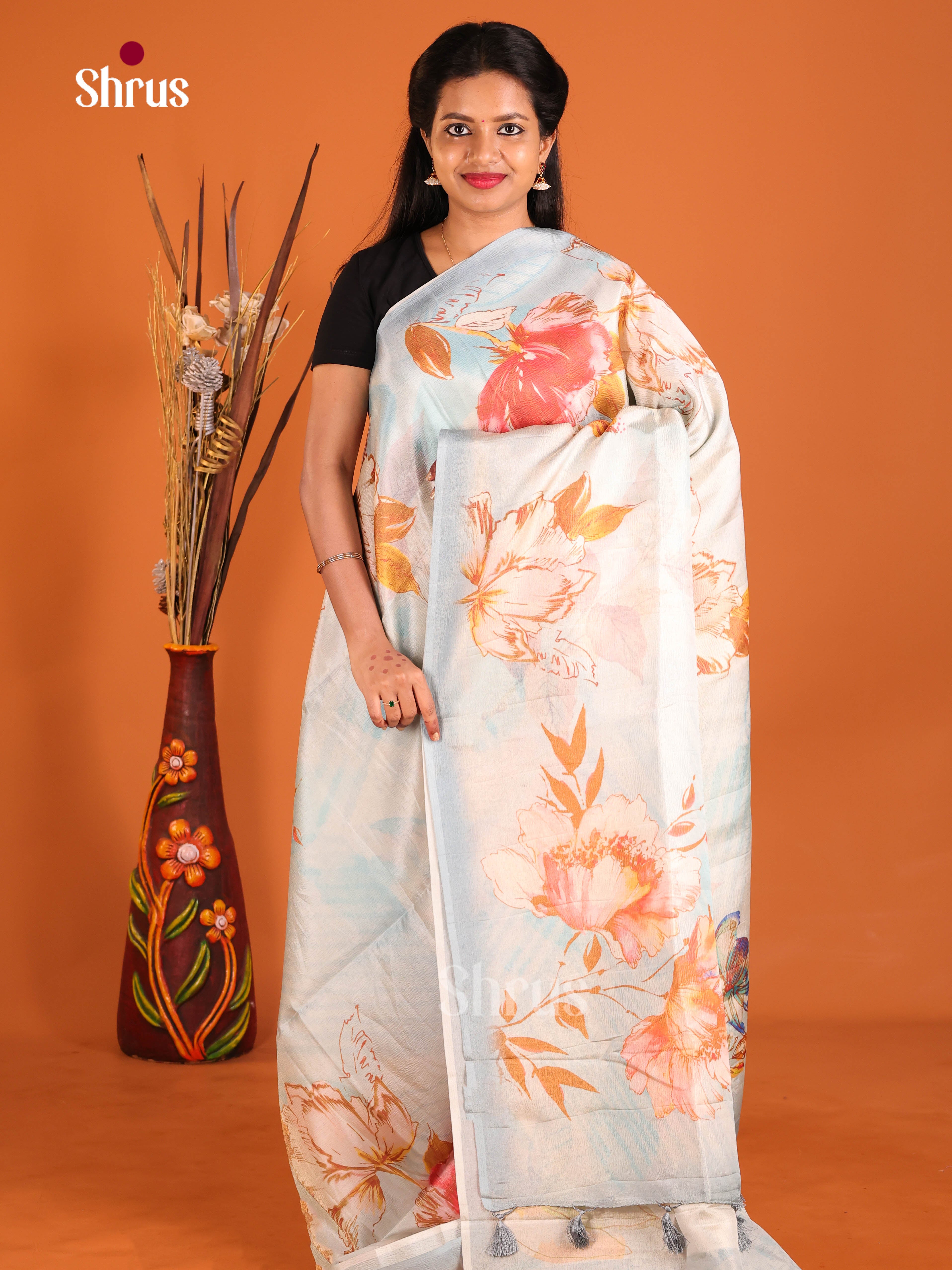 Cream & Blue - Bamboo silk Saree