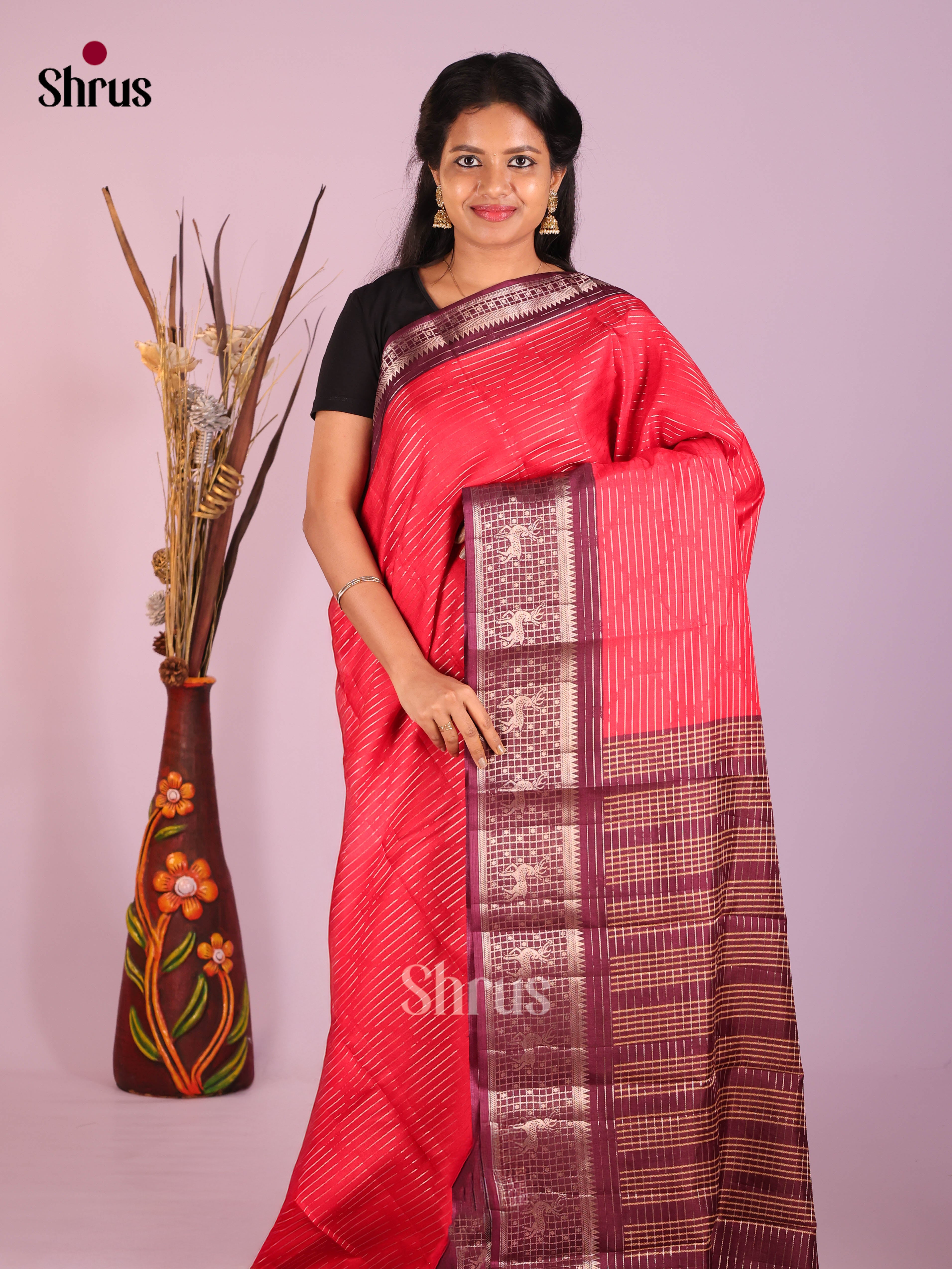 Reddish Pink & Purple - Semi Tussar Saree