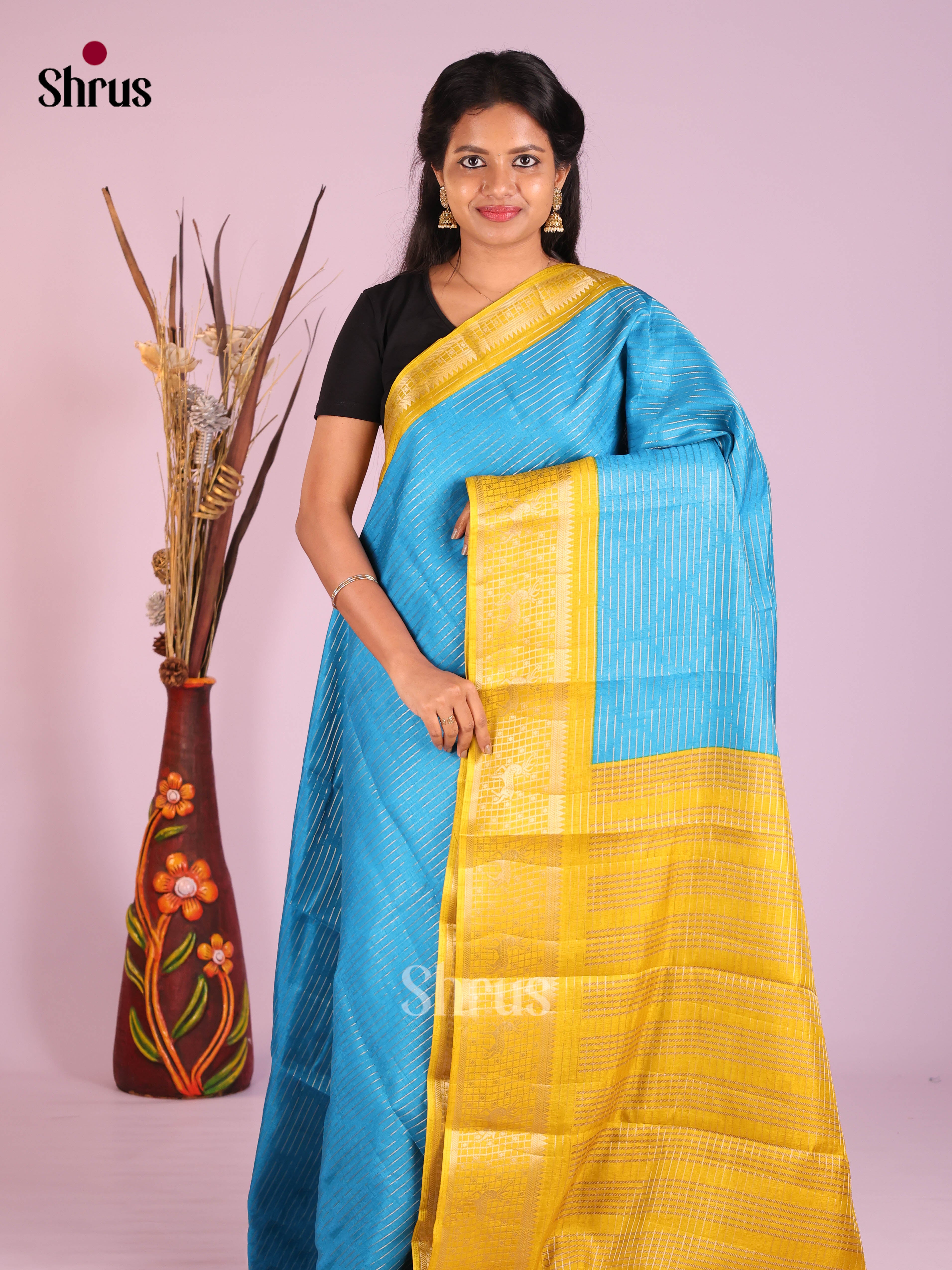 Blue & Yellow - Semi Tussar Saree