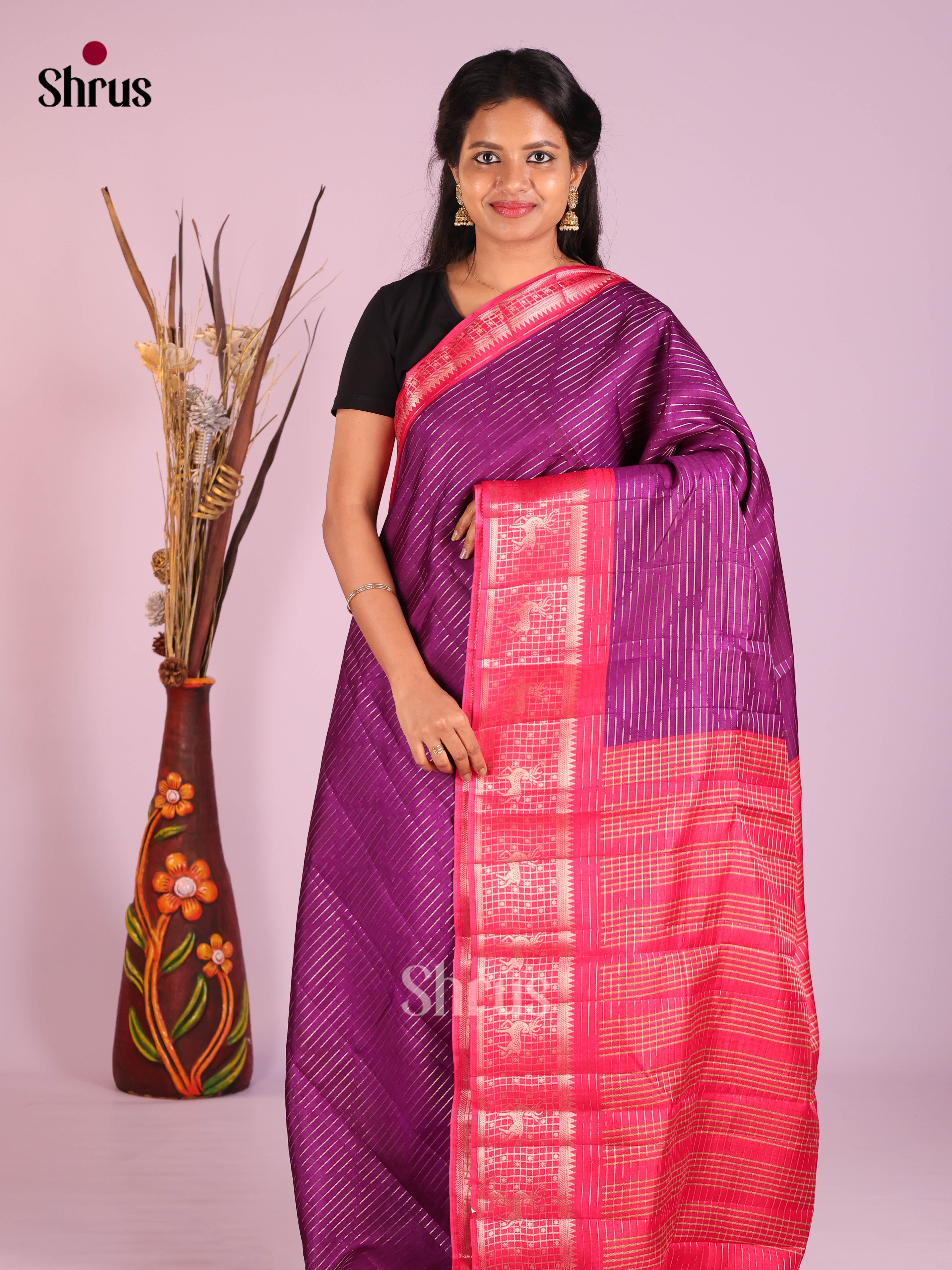 Purple & Pink- Semi Tussar Saree - Shop on Shrus.com