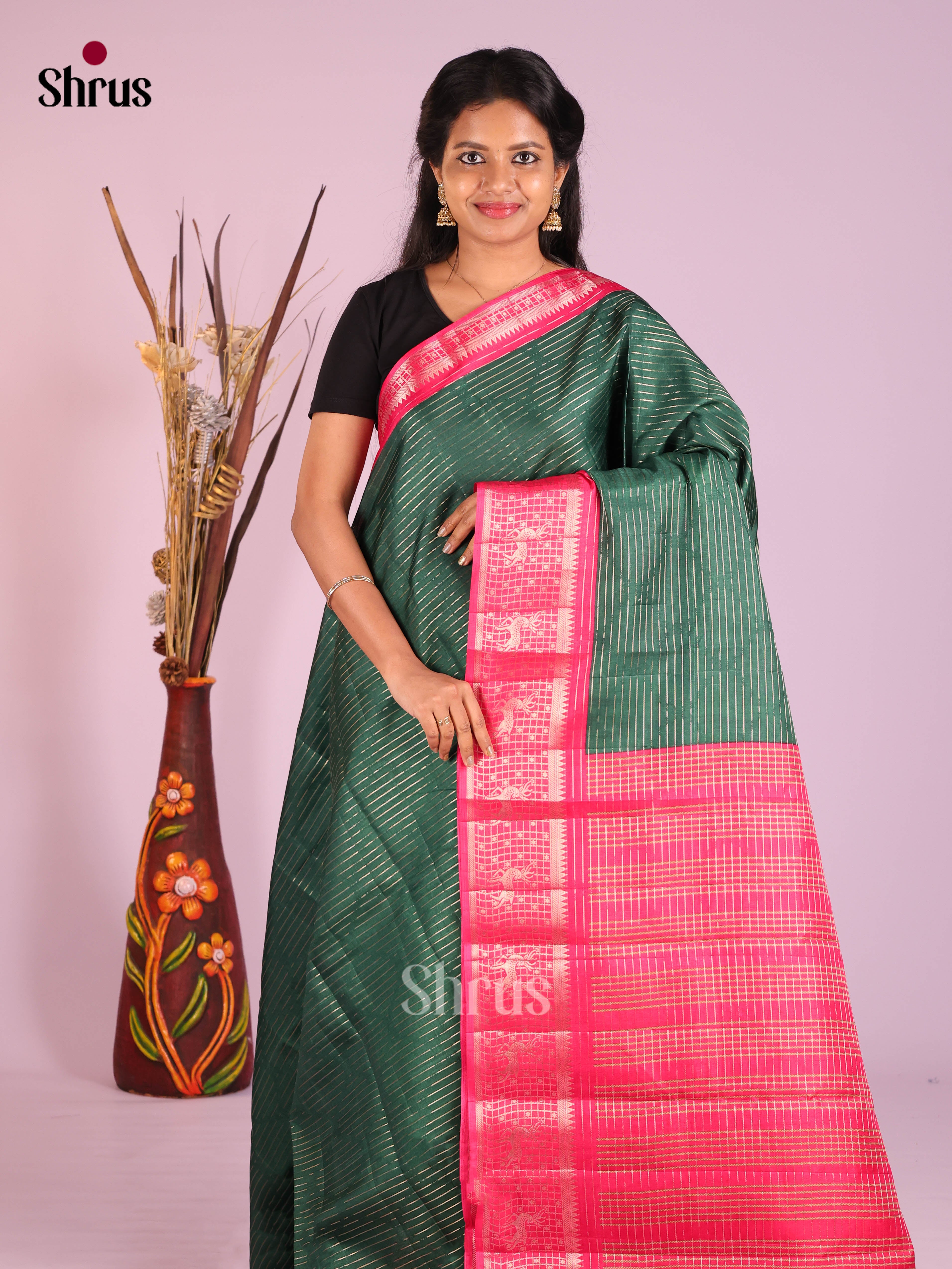 Green & Pink - Semi Tussar Saree