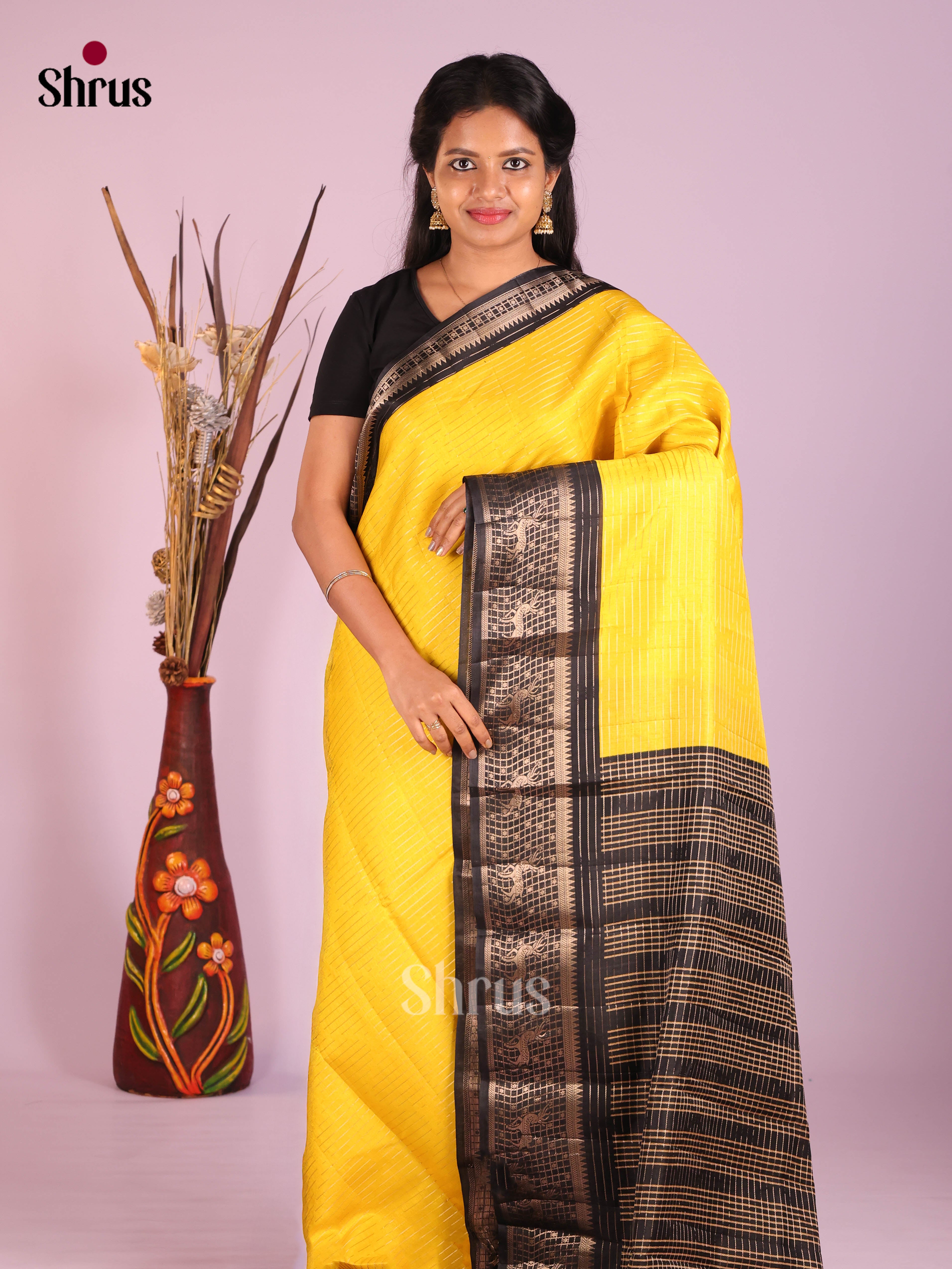 Yellow & Black - Semi Tussar Saree - Shop on Shrus.com