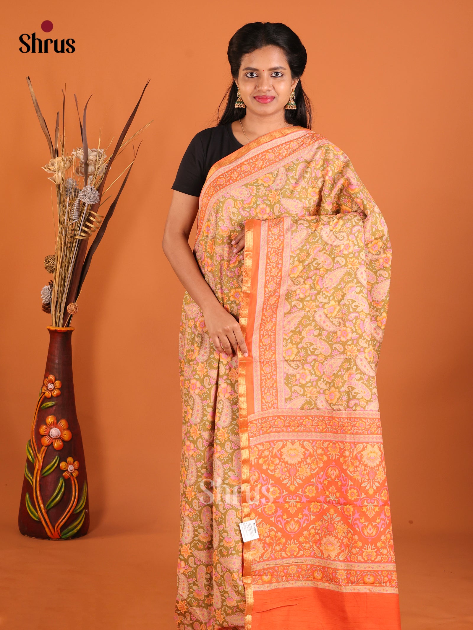Green & Orange- Printed Silk Saree - Shop on Shrus.com