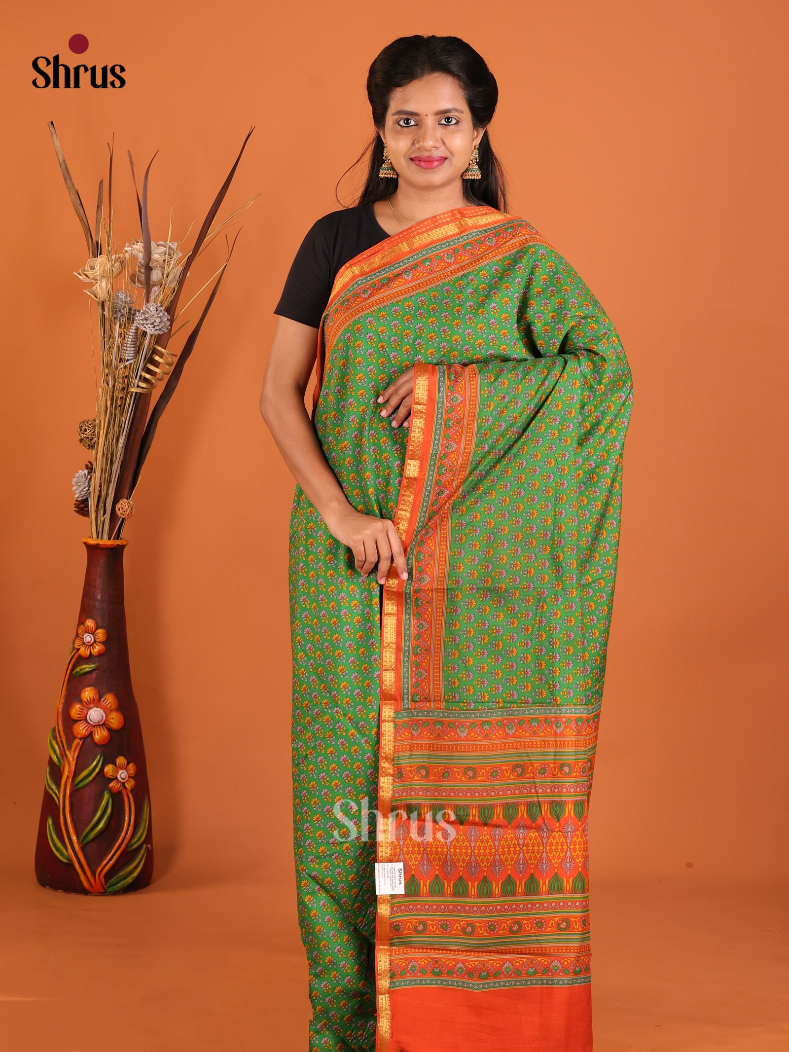 green & Orange- Printed Silk Saree - Shop on Shrus.com