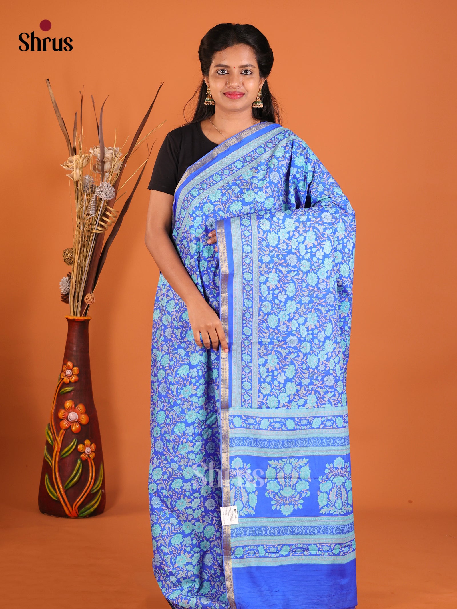 Blue - Printed Silk Saree