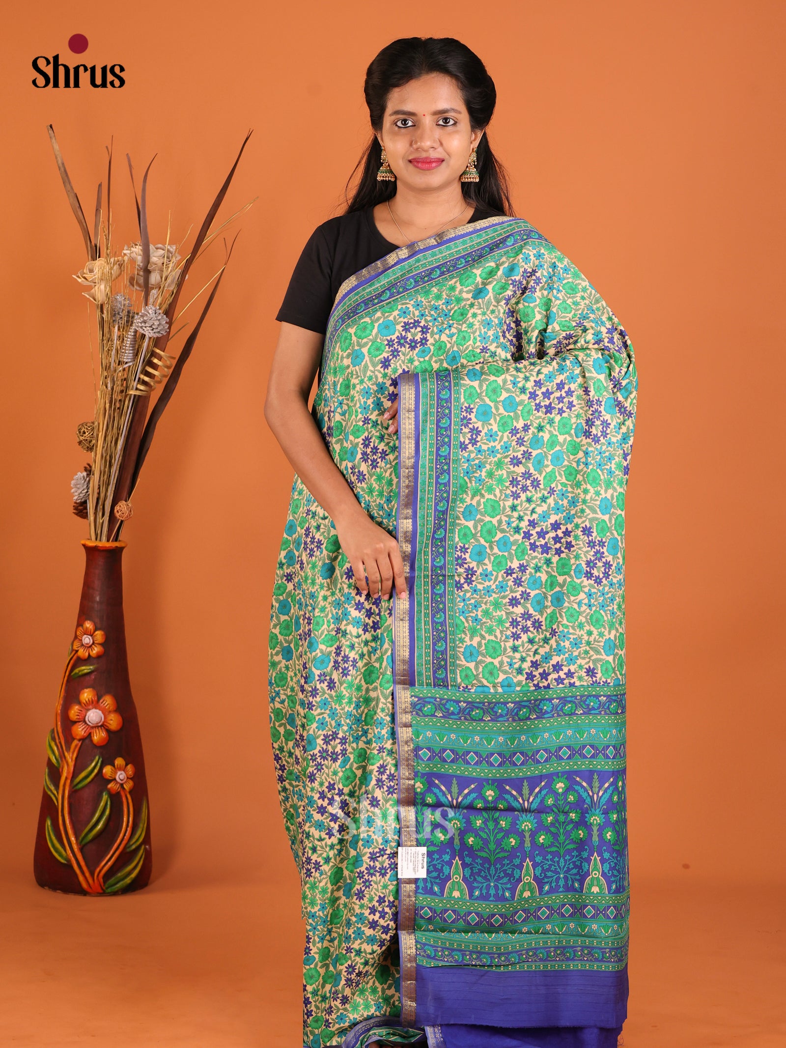 Green & Blue - Printed Silk Saree - Shop on Shrus.com