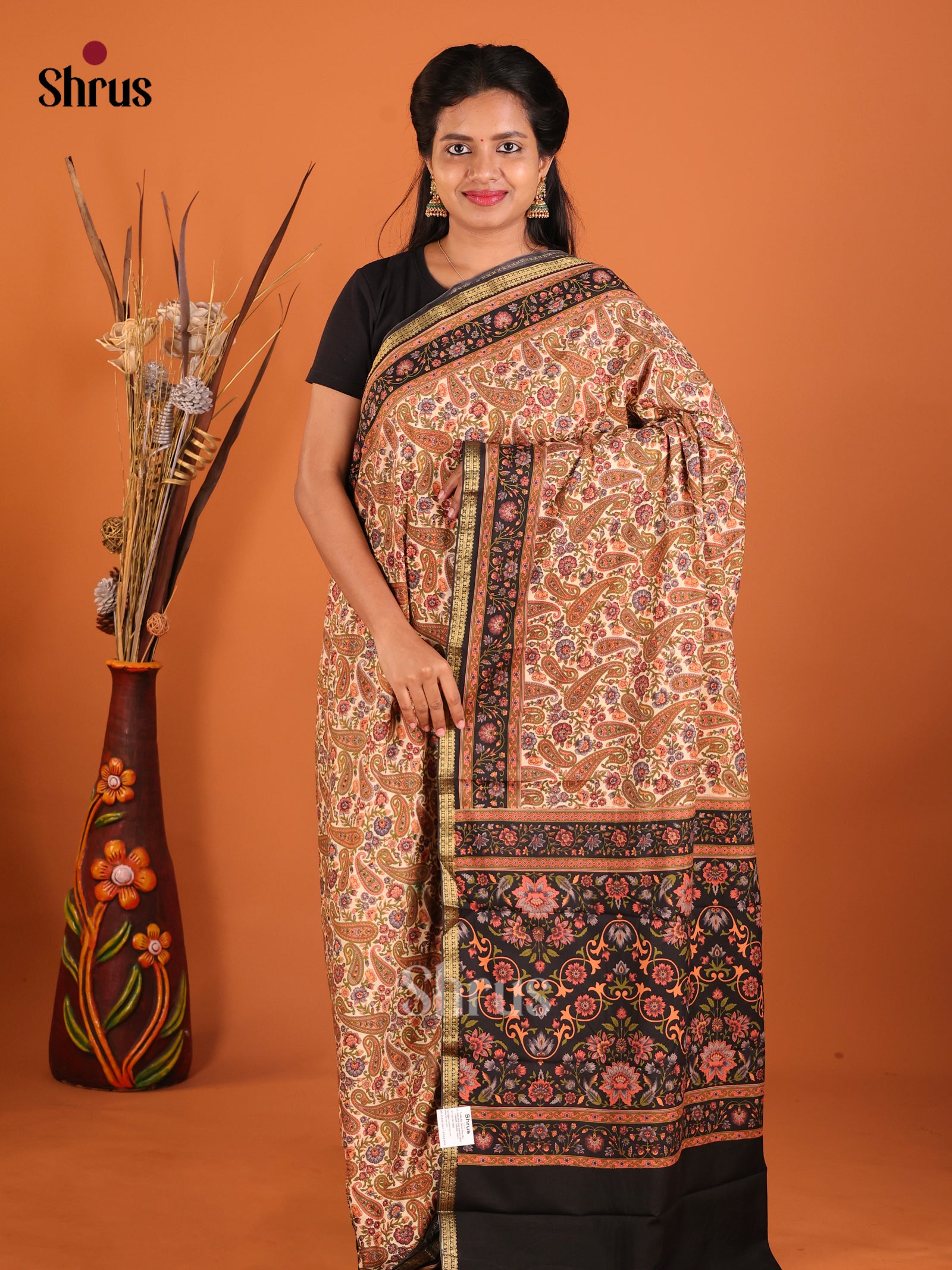 Brown & Black- Printed Silk Saree