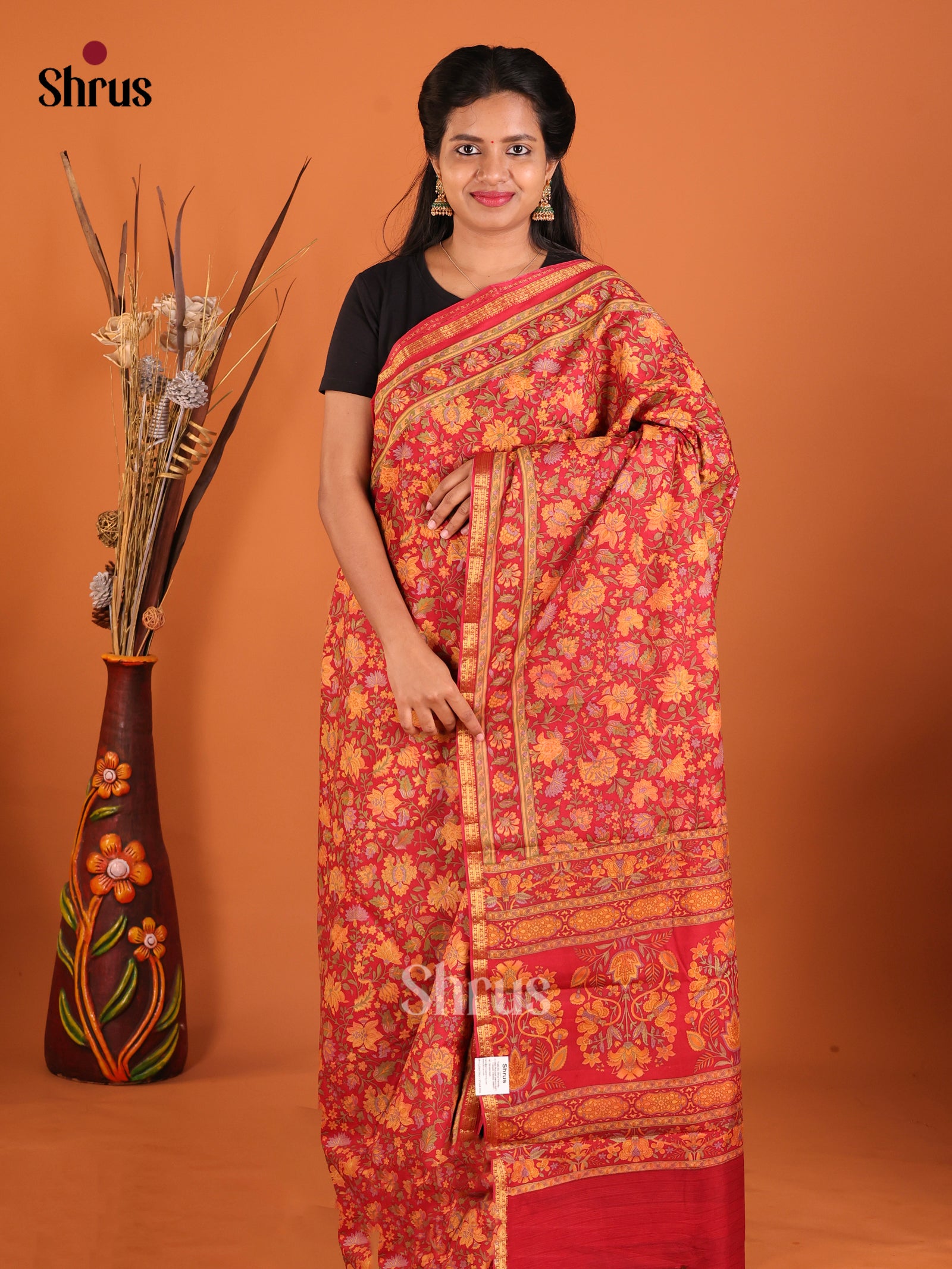 Red - Printed Silk Saree - Shop on Shrus.com