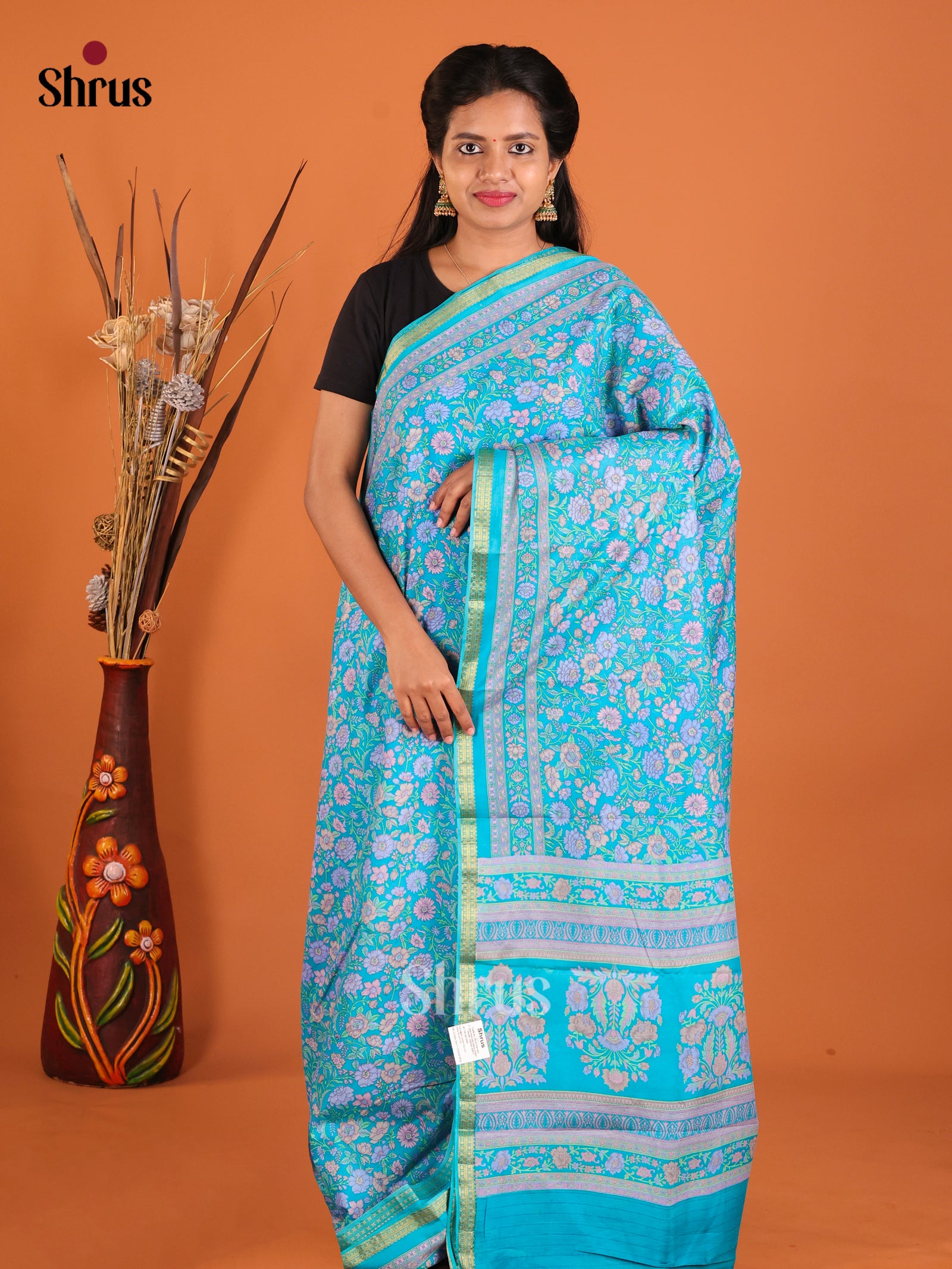 Blue  - Printed Silk Saree