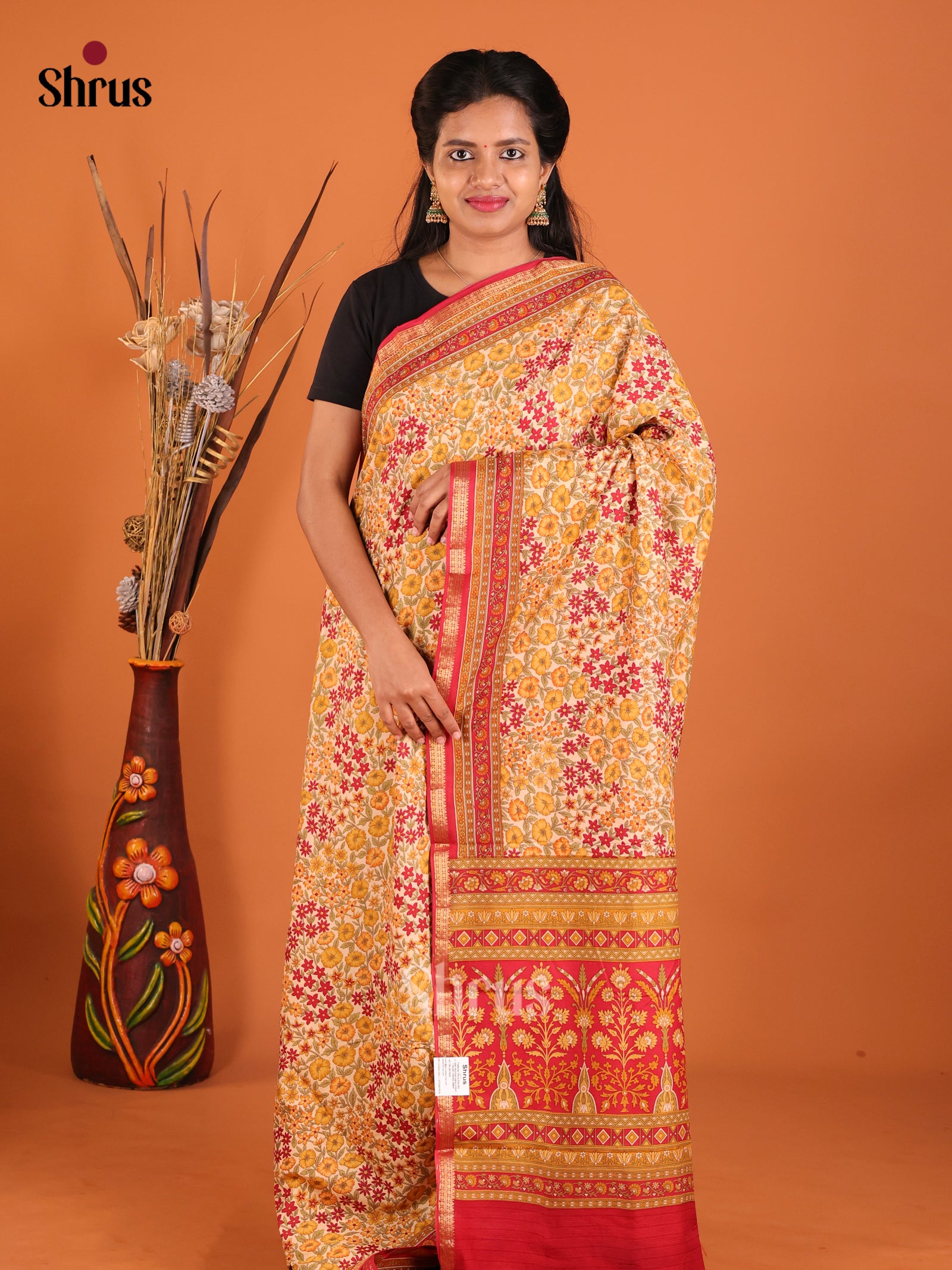 Cream  & Red - Printed Silk Saree
